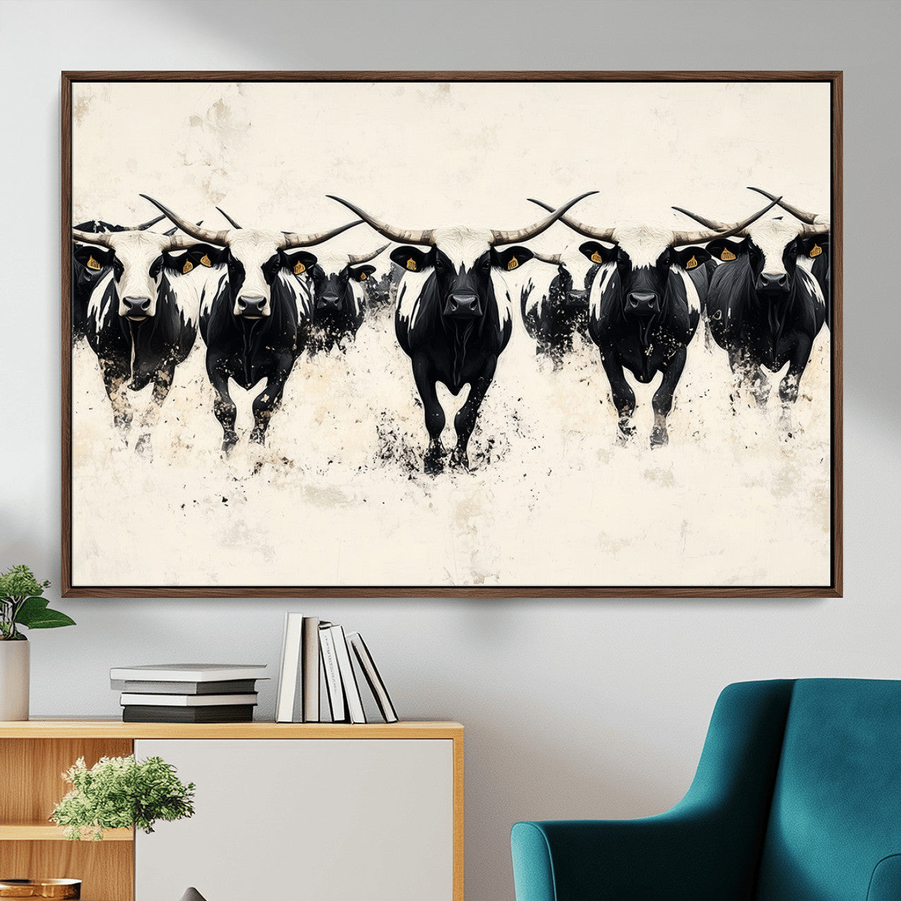 MGV-FC-36X24 - Longhorn Cattle Wall Art – Canvas Print of Herd in Motion, Symmetry and Ink Splatter, Minimalist Western Ranch, Bold Rustic Farm Decor
