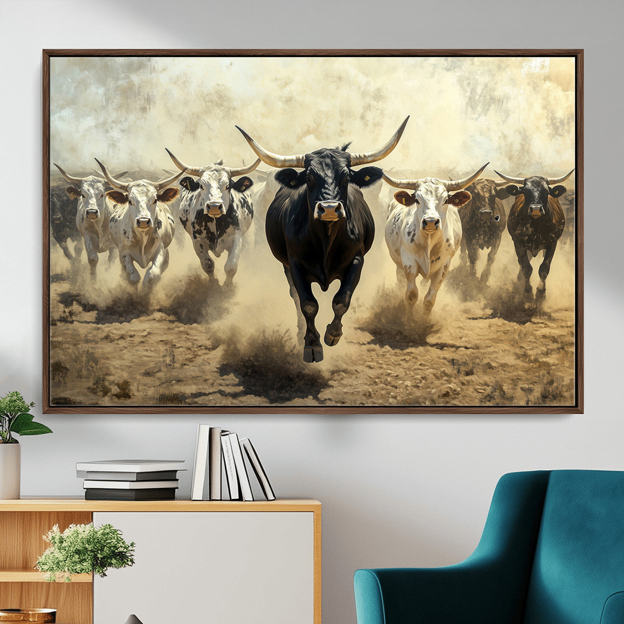 MGV-FC-36X24 - Running Cattle Wall Art – Canvas Print of Western Herd, Dust Stampede, Longhorns, Wild West Ranch, Bold Rustic Farm Decor for Home or Office