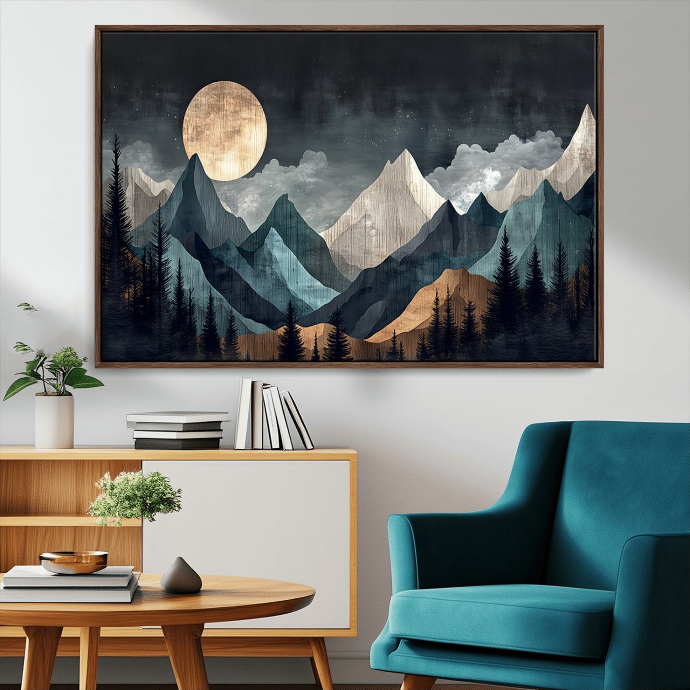 11060882-MGV-CV-36X24-Moonlit Mountain Wall Art Canvas Print – Silhouetted Pines Layered Peaks Tranquil Sky Mist Silver Light Nature Artwork for Home