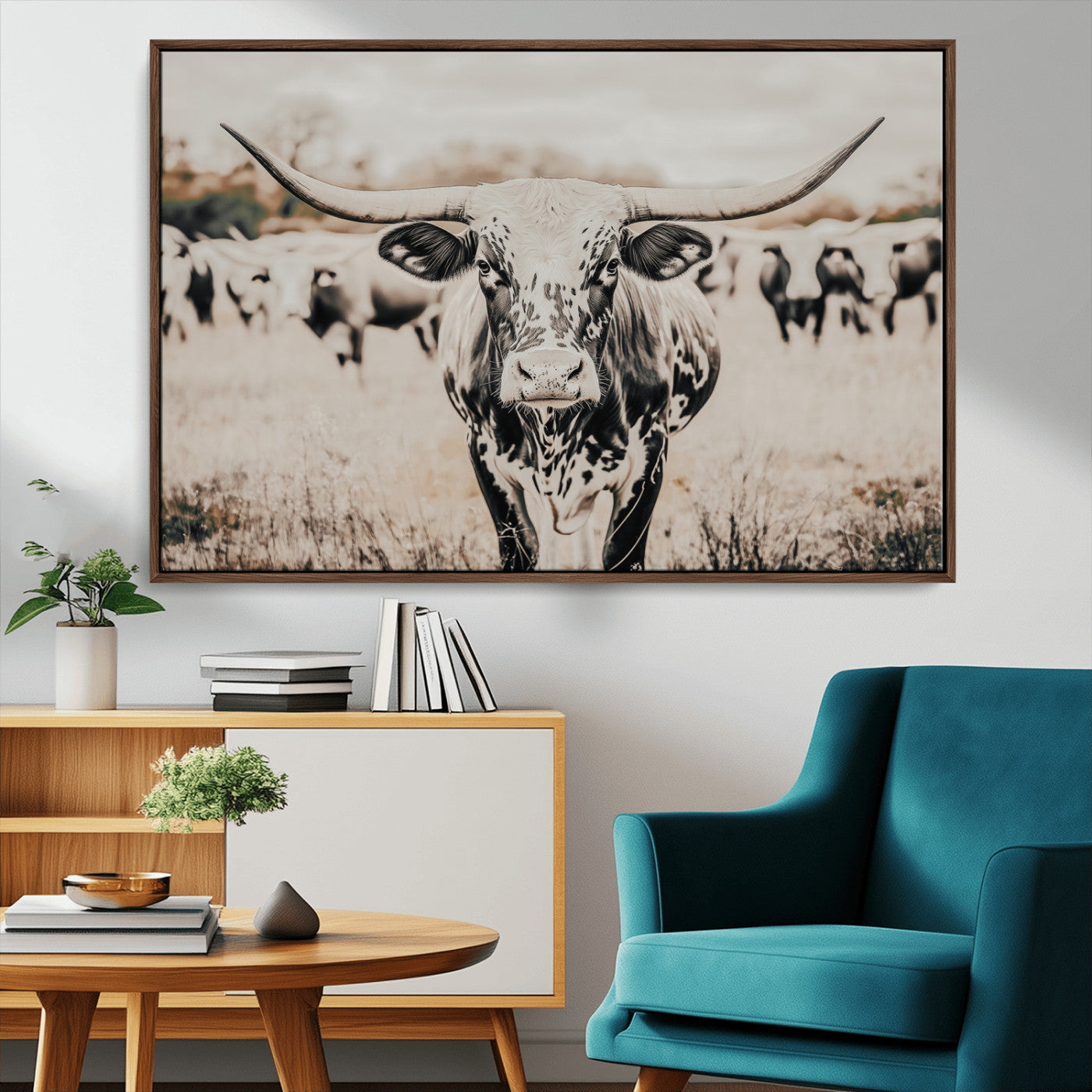27497342-MGV-CV-36X24-Texas Longhorn Wall Art Canvas Print – Framed Speckled Bull Horned Cattle Rustic Western Artwork for Home Office
