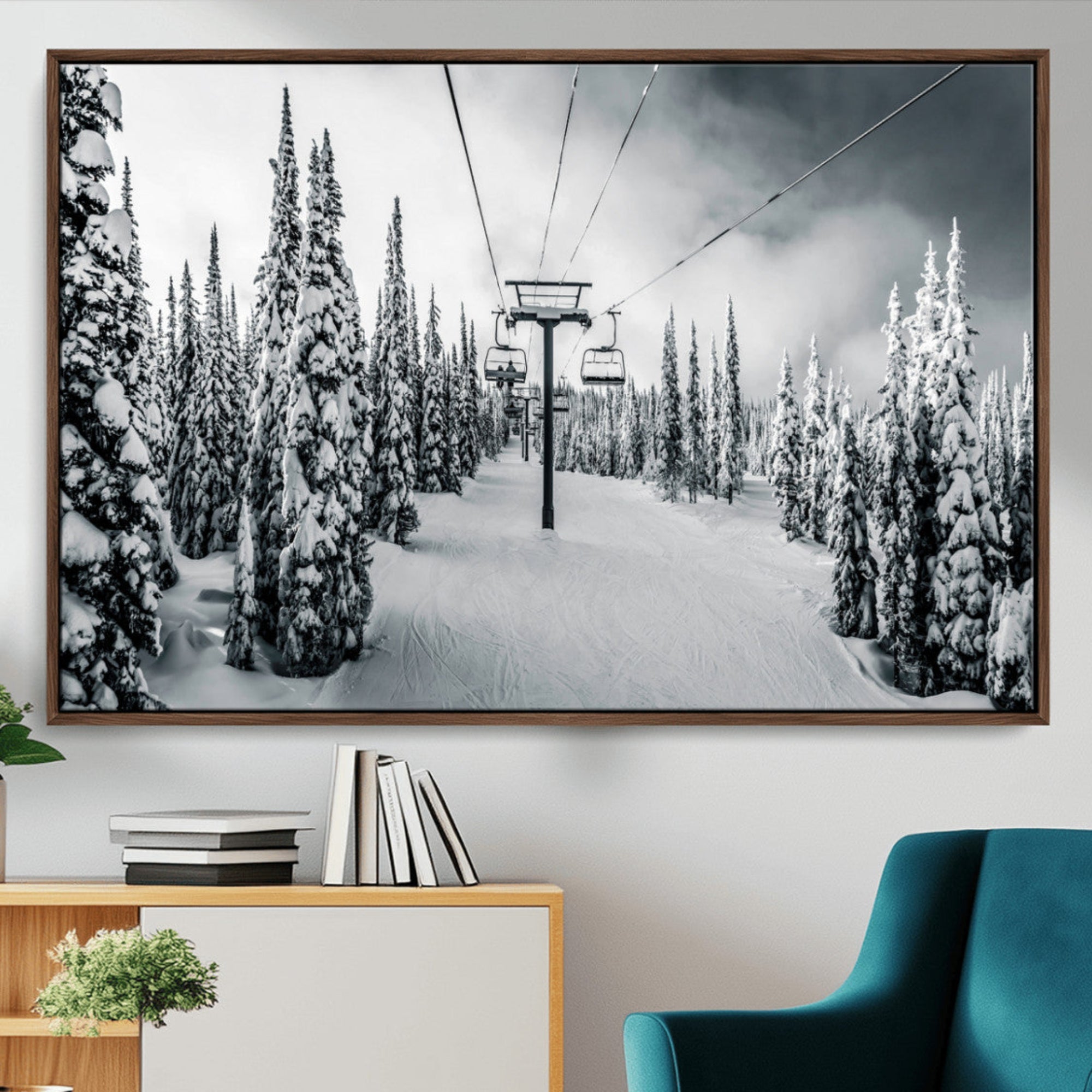 31156828-MGV-CV-36X24-Snowy Pines Wall Art Canvas Print – Framed Ski Lift Winter Forest Snowy Landscape Moody Lodge Artwork for Home, Office