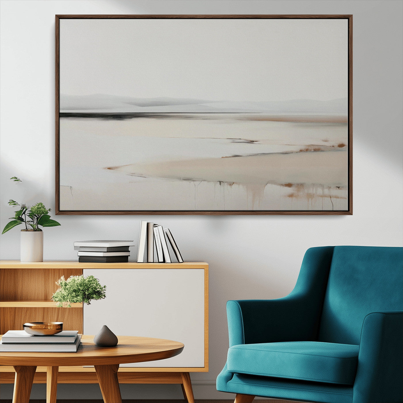 89410095-MGV-CV-36X24-Minimalist Landscape Wall Art Canvas Print – Framed Soft Horizon Abstract Seascape Earthy Tones Artwork for Home Office