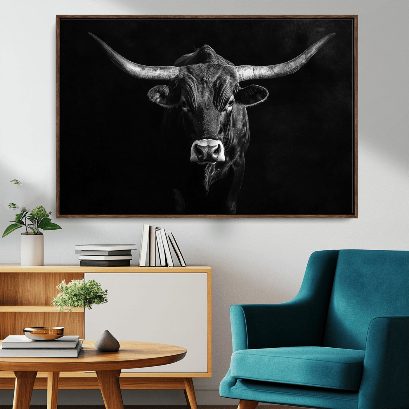 42077175-MGV-CV-36X24-Texas Longhorn Wall Art Canvas Print – Framed Monochrome Horned Bull Rustic Western Cattle Artwork for Home, Office