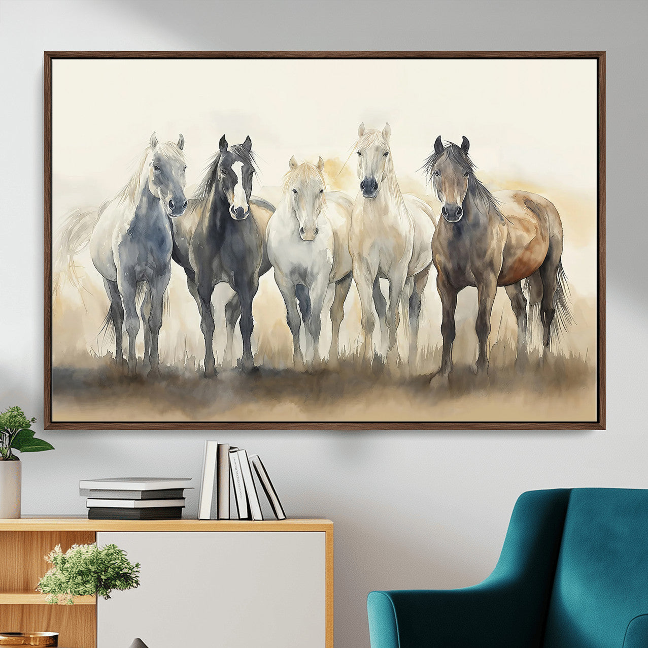 MGV-FC-36X24 - Wild Horses Wall Art Canvas Print, Framed Running Horses Art Picture Print, Watercolor Horses Perfect Rustic Western Decor Artwork