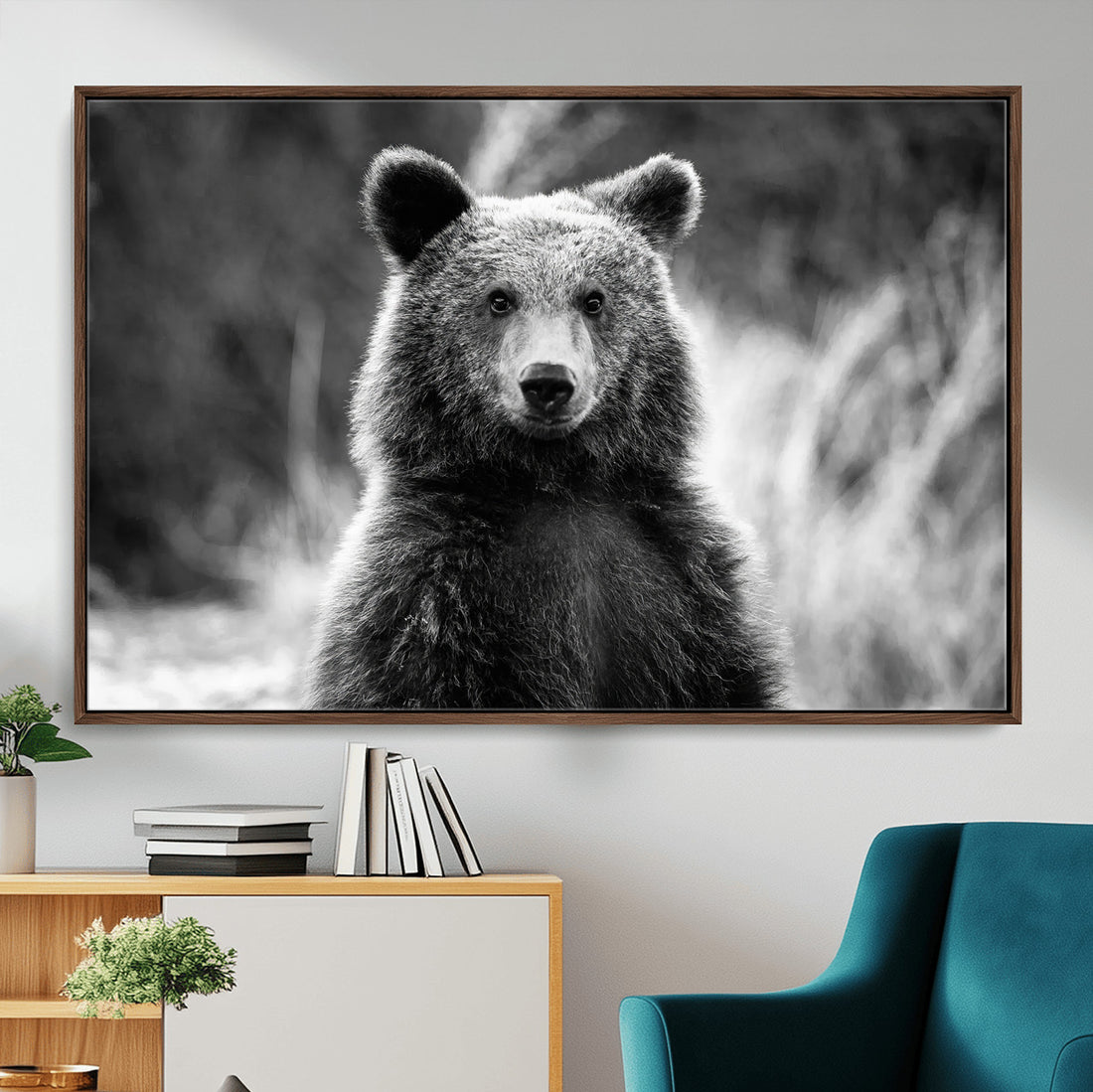 Grizzly Bear Wall Art Canvas Print, Framed Black and White Rustic Wildlife Decor