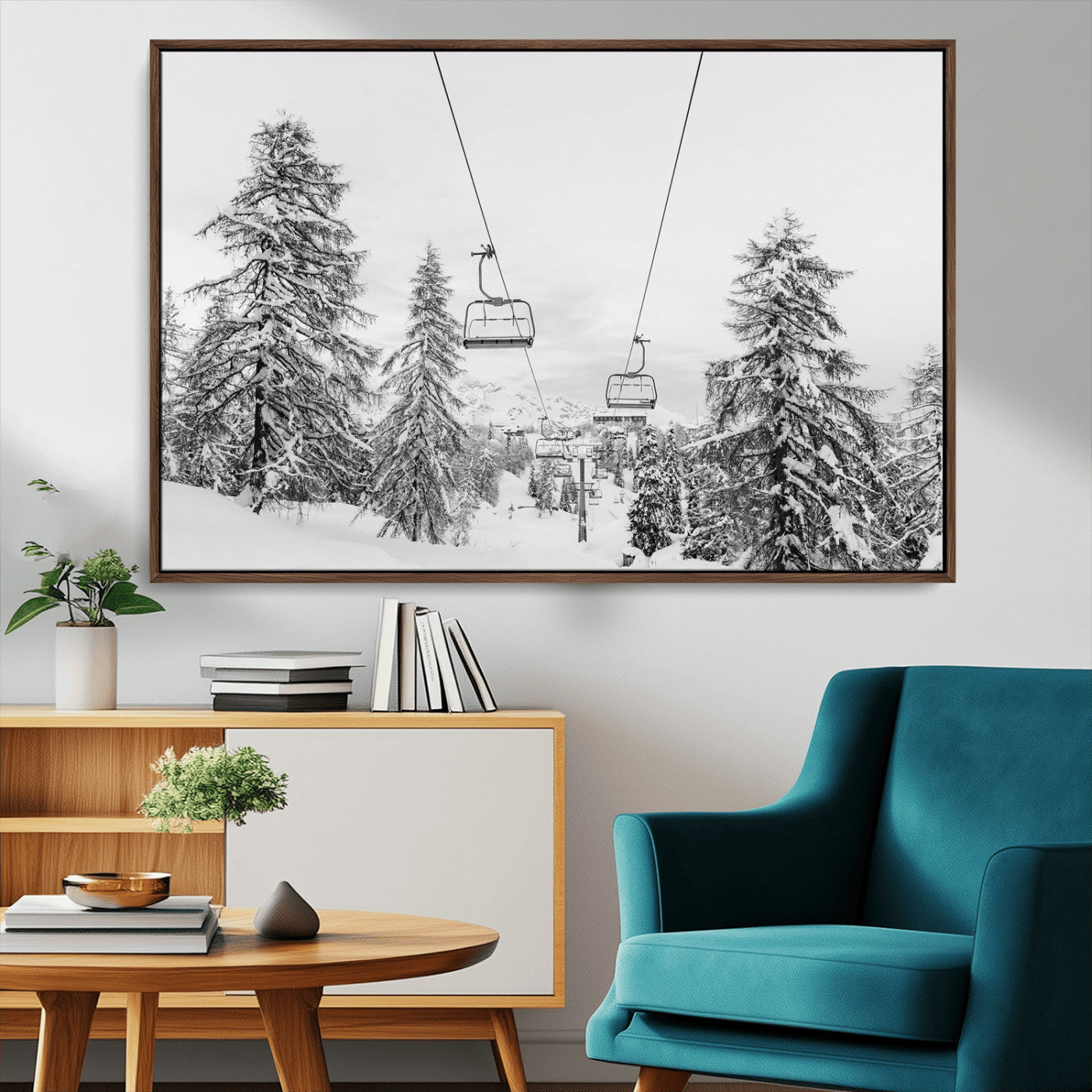 55003599-MGV-CV-36X24-Ski Lift Wall Art – Framed Snowy Mountain Canvas Artwork, Winter Forest Design, Minimal Nature Decor for Home, Office