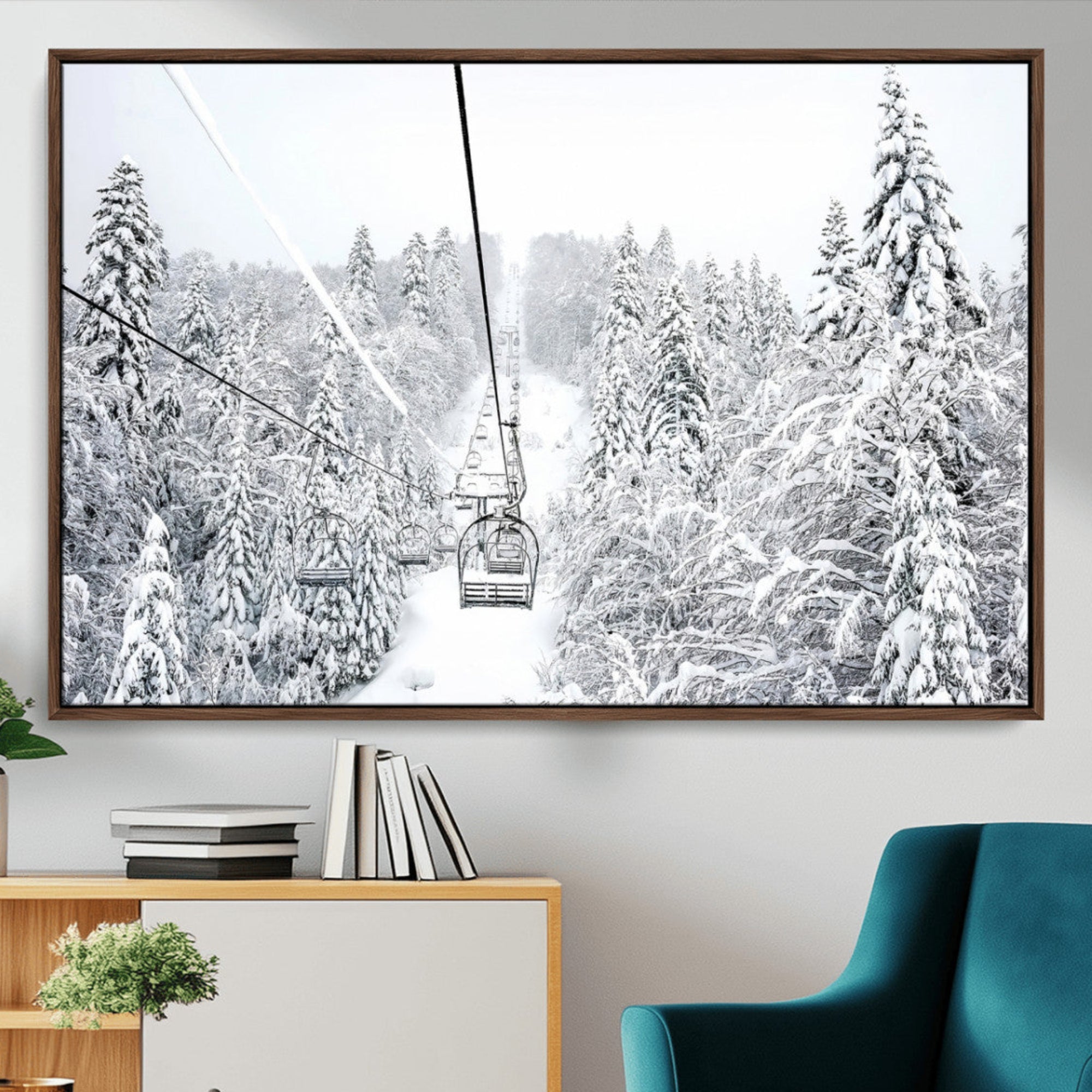 60296839-MGV-CV-36X24-Snowy Mountains Wall Art Canvas Print – Framed Ski Lift Winter Forest Alpine Landscape Nature Artwork for Home Office