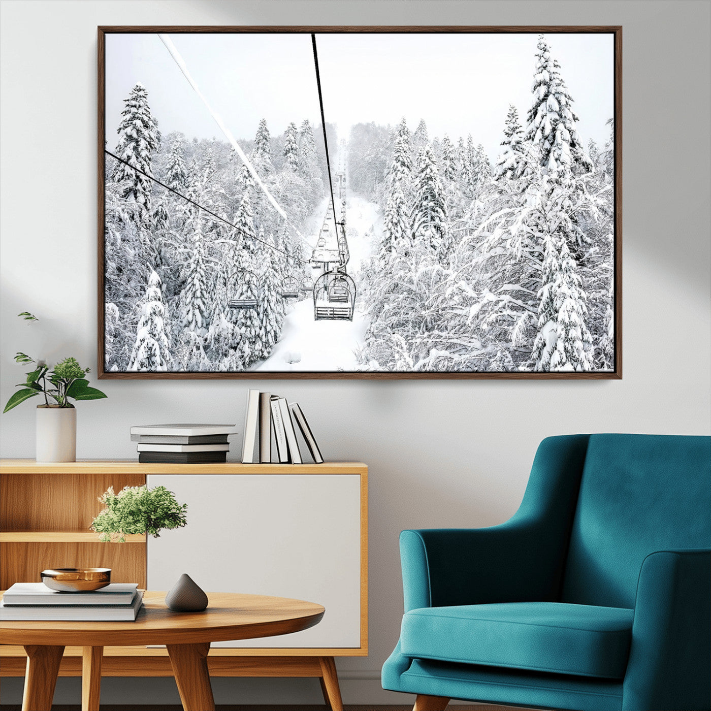 60296839-MGV-CV-36X24-Snowy Mountains Wall Art – Framed Ski Lift Canvas Artwork, Peaceful Winter Design, Rustic Forest Decor for Home, Office