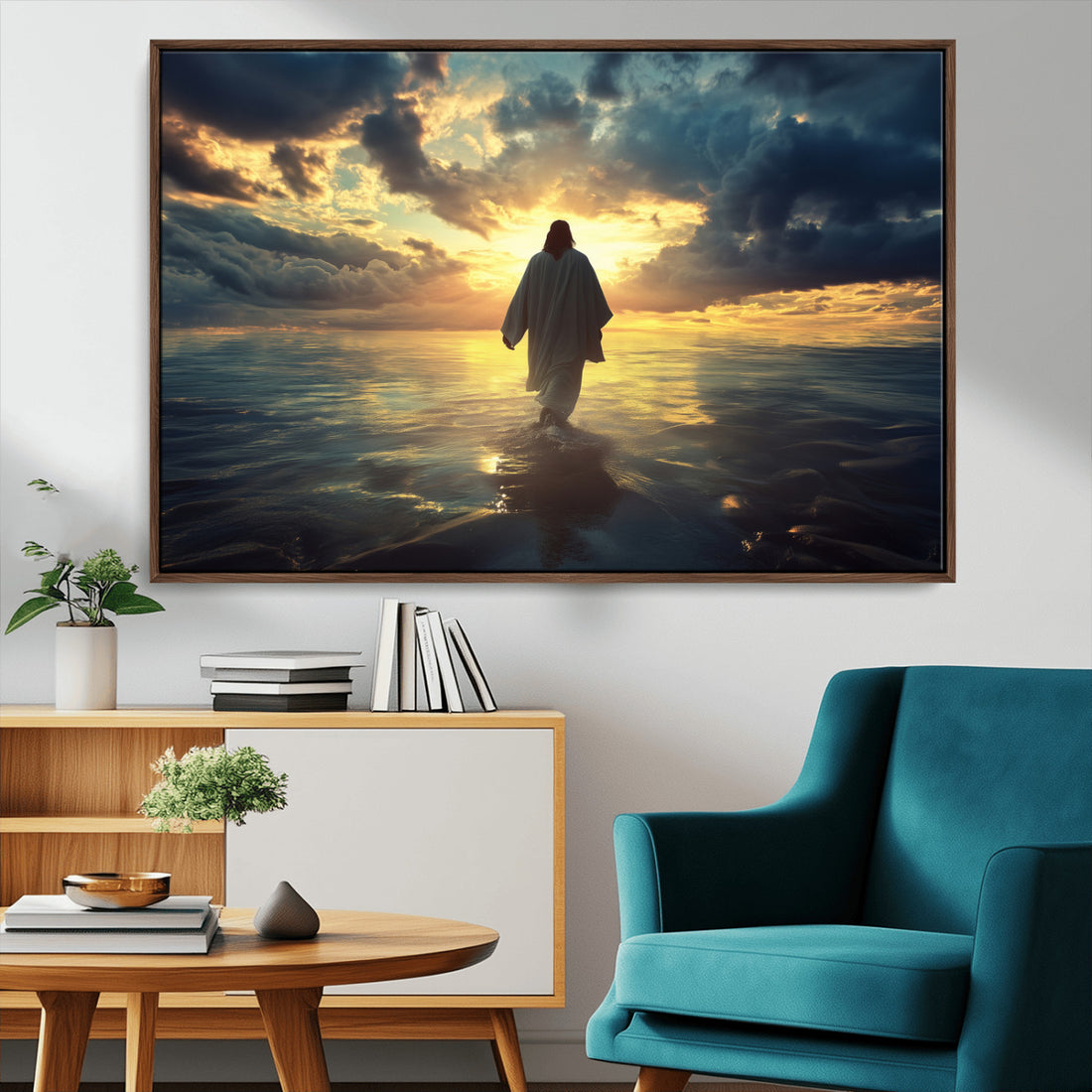 Jesus Walks Wall Art Canvas Print, Framed Divine Sunset and Spiritual Light