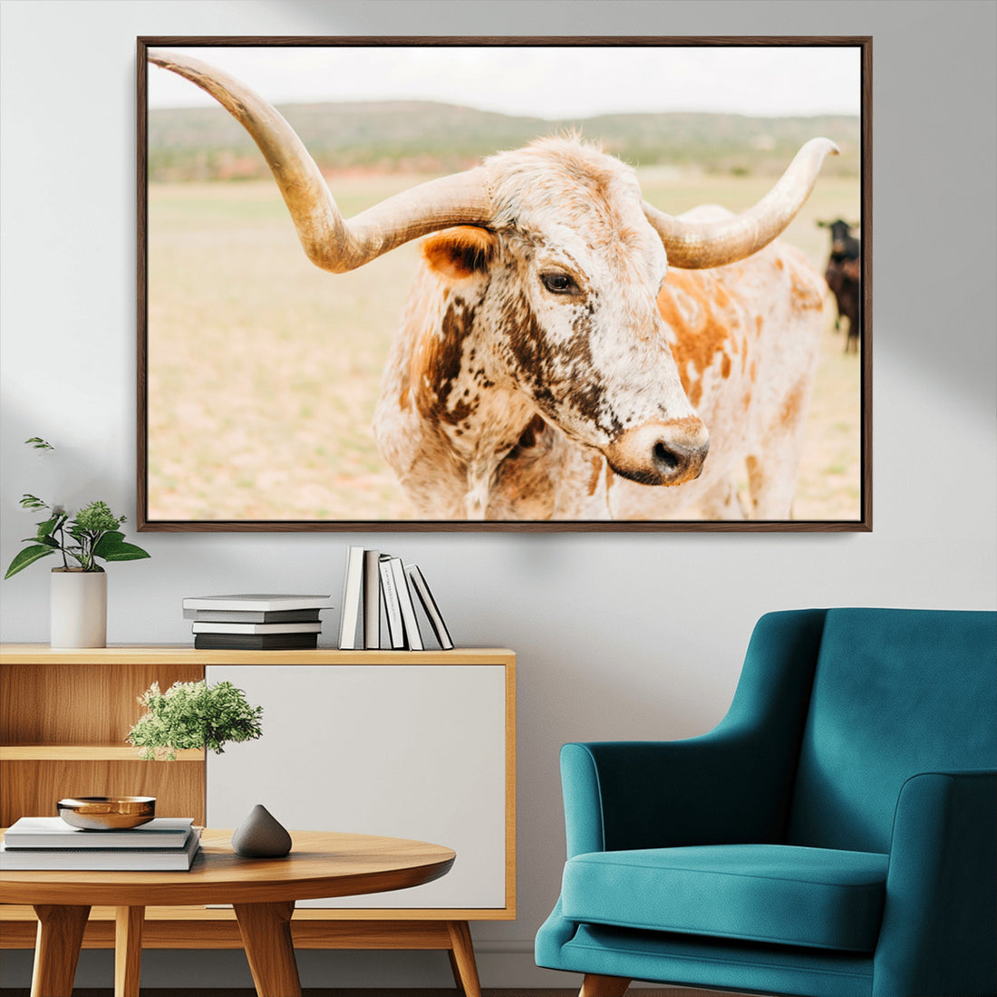 Texas Longhorn Wall Art Canvas Print, Framed Speckled Cow and Rustic Bull
