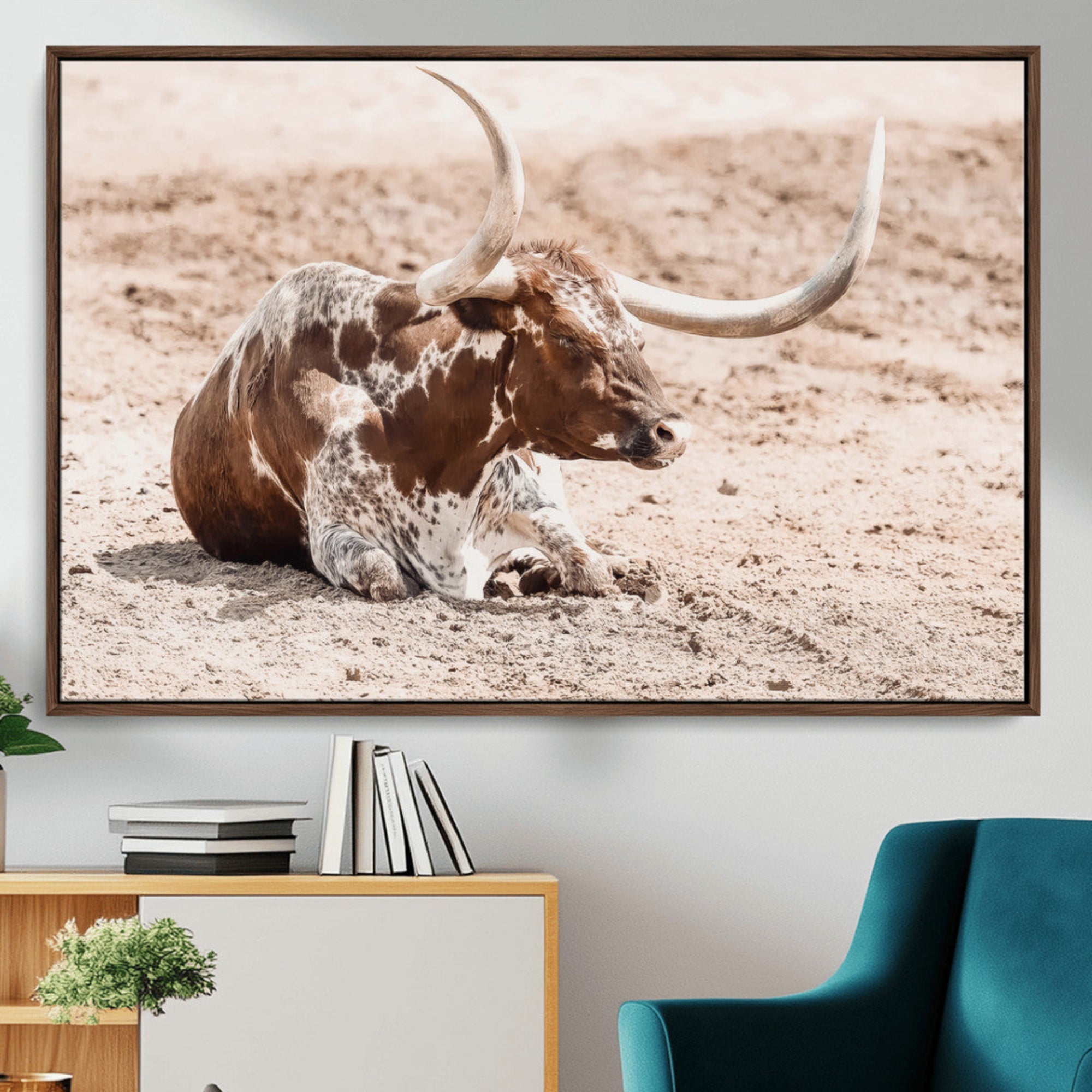 -Texas Longhorn Wall Art Canvas Print – Framed Resting Bull Scene with Spotted Cattle Artwork for Home, Office