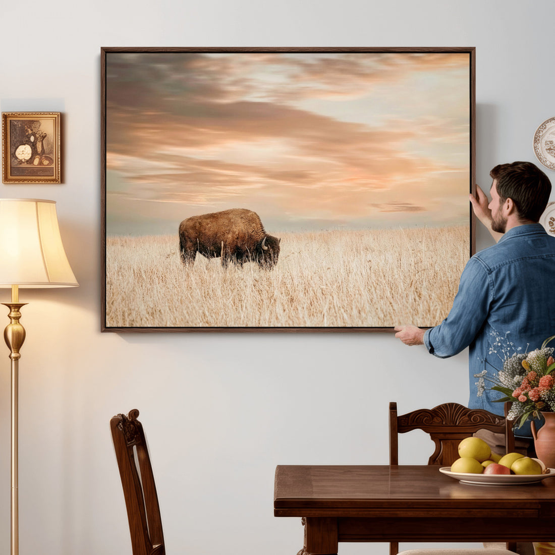 Bison Wall Art Canvas Print, Framed Buffalo Print, Western Prairie Art, Rustic Wildlife Decor