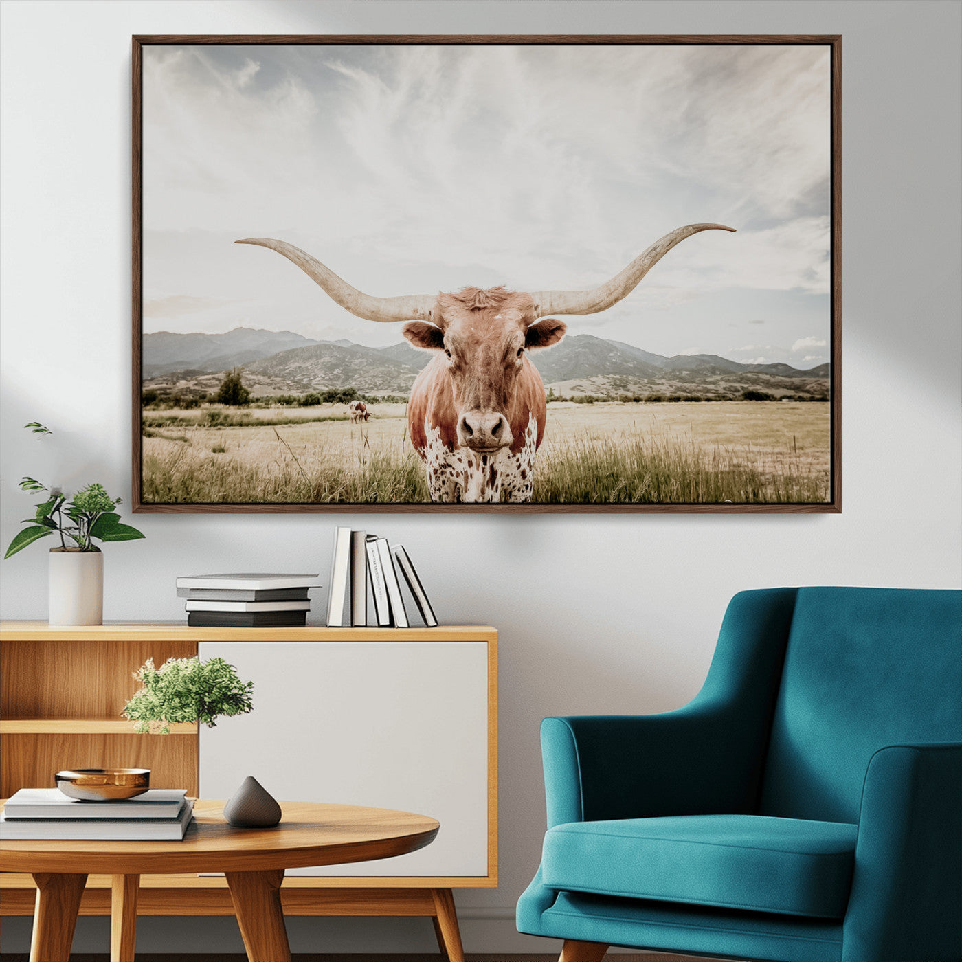 80054319-MGV-CV-36X24-Texas Longhorn Wall Art Canvas Print – Framed Western Cow Scene with Rustic Farmhouse Artwork for Home, Office