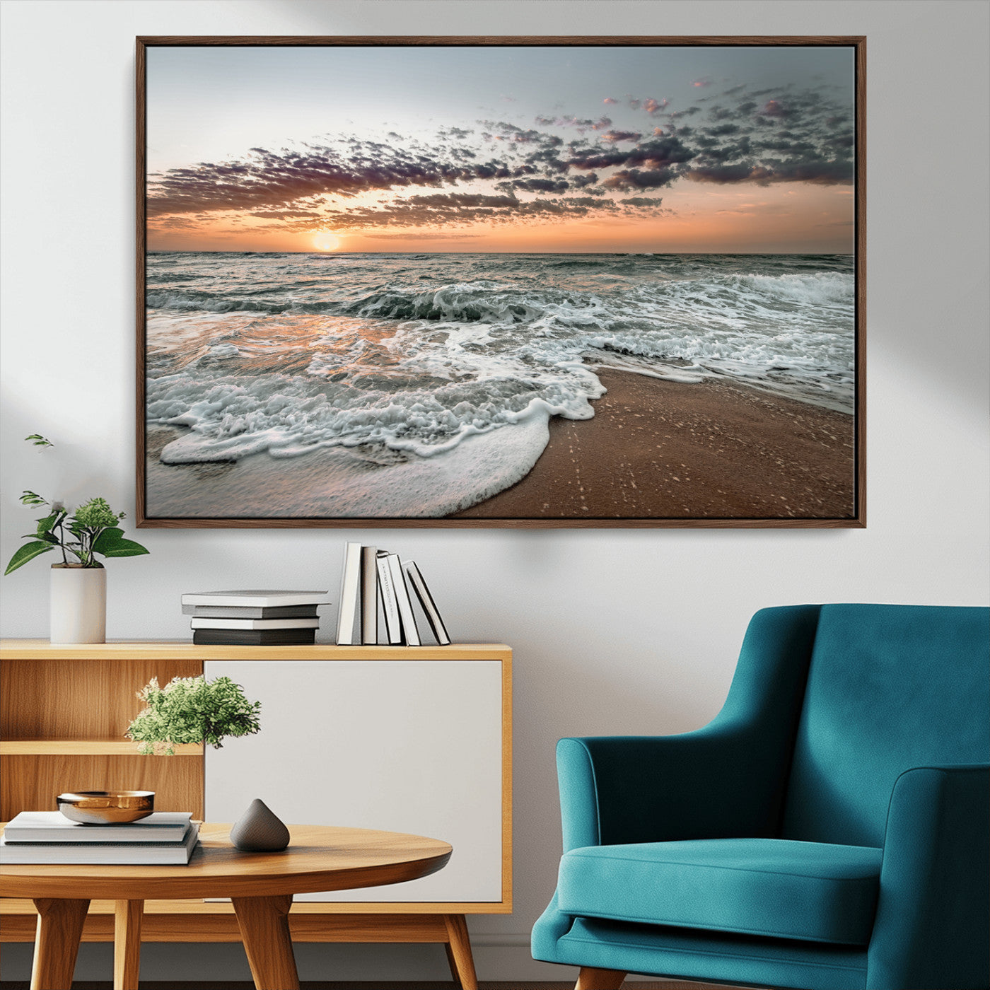 40632752-MGV-CV-36X24-Ocean Sunset Wall Art Canvas Print – Framed Beach Waves Scene with Coastal Artwork for Home, Office, Living Room