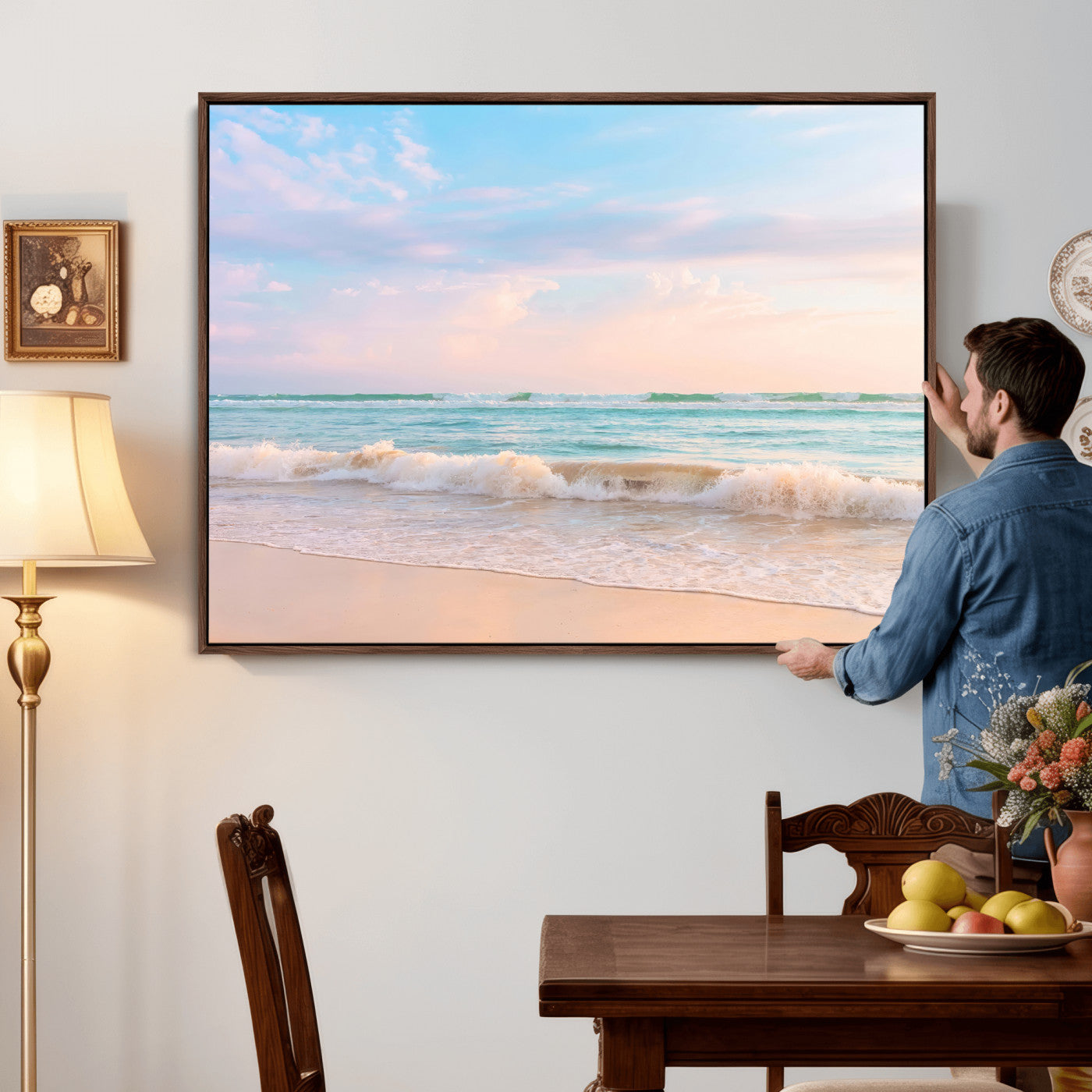 74679437-MGV-CV-36X24 - Serene Waves Wall Art – Golden Shore & Soft Pastel Sky Canvas Print, Gentle Ocean and Peaceful Sunset for Living Room or Office