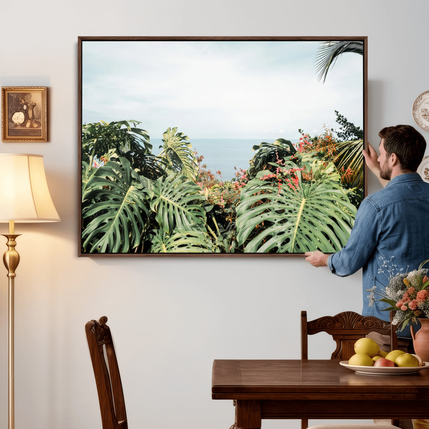 45700479-MGV-CV-36X24 - Tropical Greenery Wall Art – Exotic Leaves & Ocean View Canvas Print, Sunlit Paradise and Vibrant Nature for Living Room or Coastal Decor