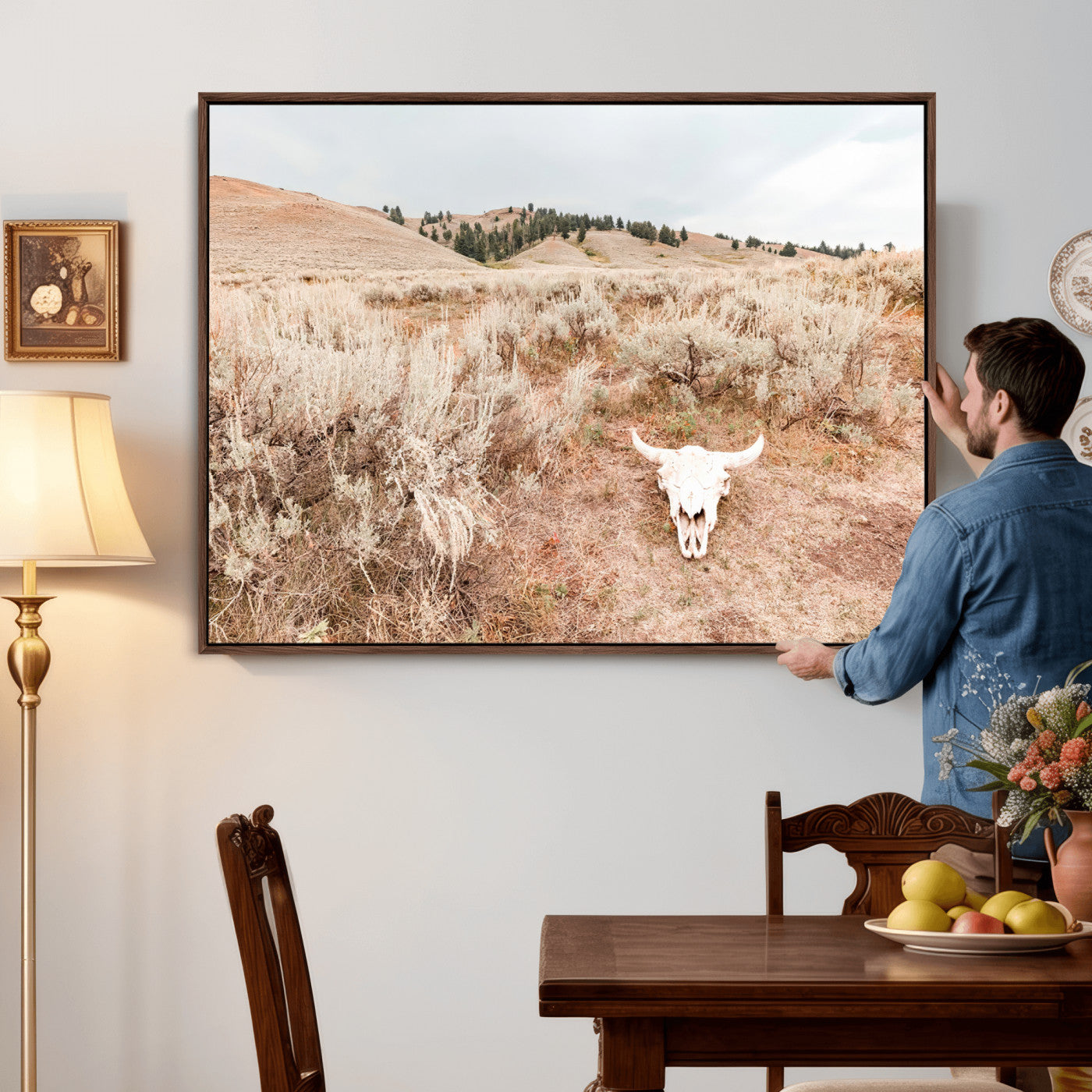 97234735-MGV-CV-36X24 - Desert Skull Wall Art – Arid Landscape & Sagebrush Canvas Print, Rustic Nature and Earth Tones for Living Room or Minimalist Decor