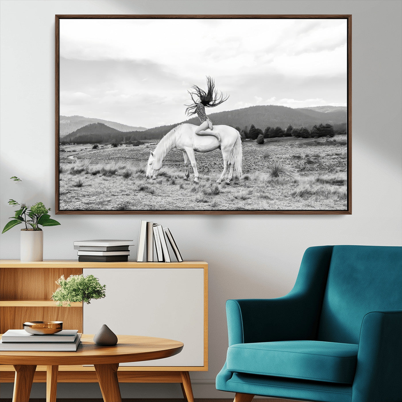 62789800-MGV-CV-36X24-White Horse Wall Art Canvas Print – Framed Woman Rider Equestrian Pose Western Boho Elegant Artwork for Home Office