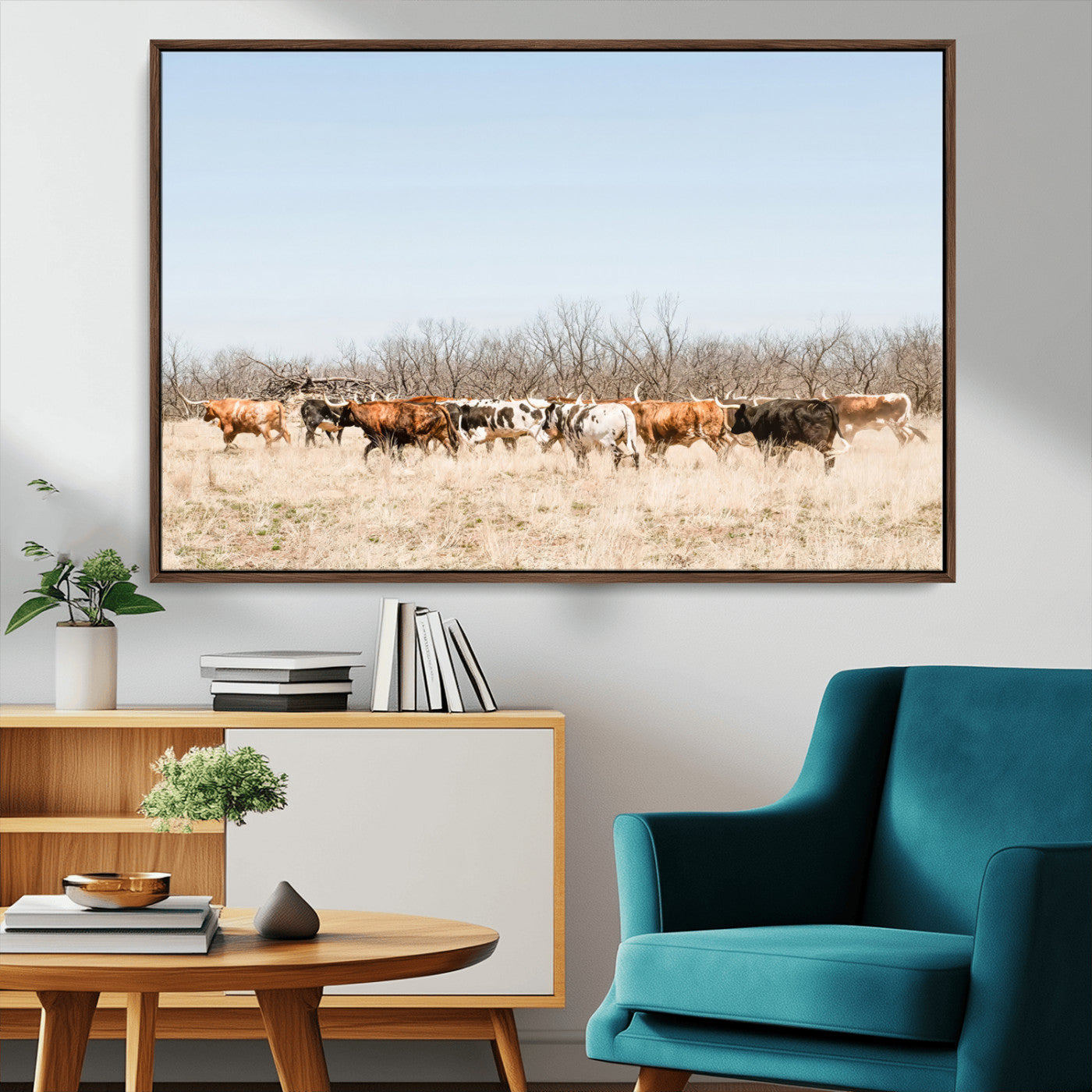 16563092-MGV-CV-36X24-Texas Longhorns Wall Art Canvas Print – Framed Western Cattle Rustic Herd Farmhouse Country Animal Artwork for Home Office