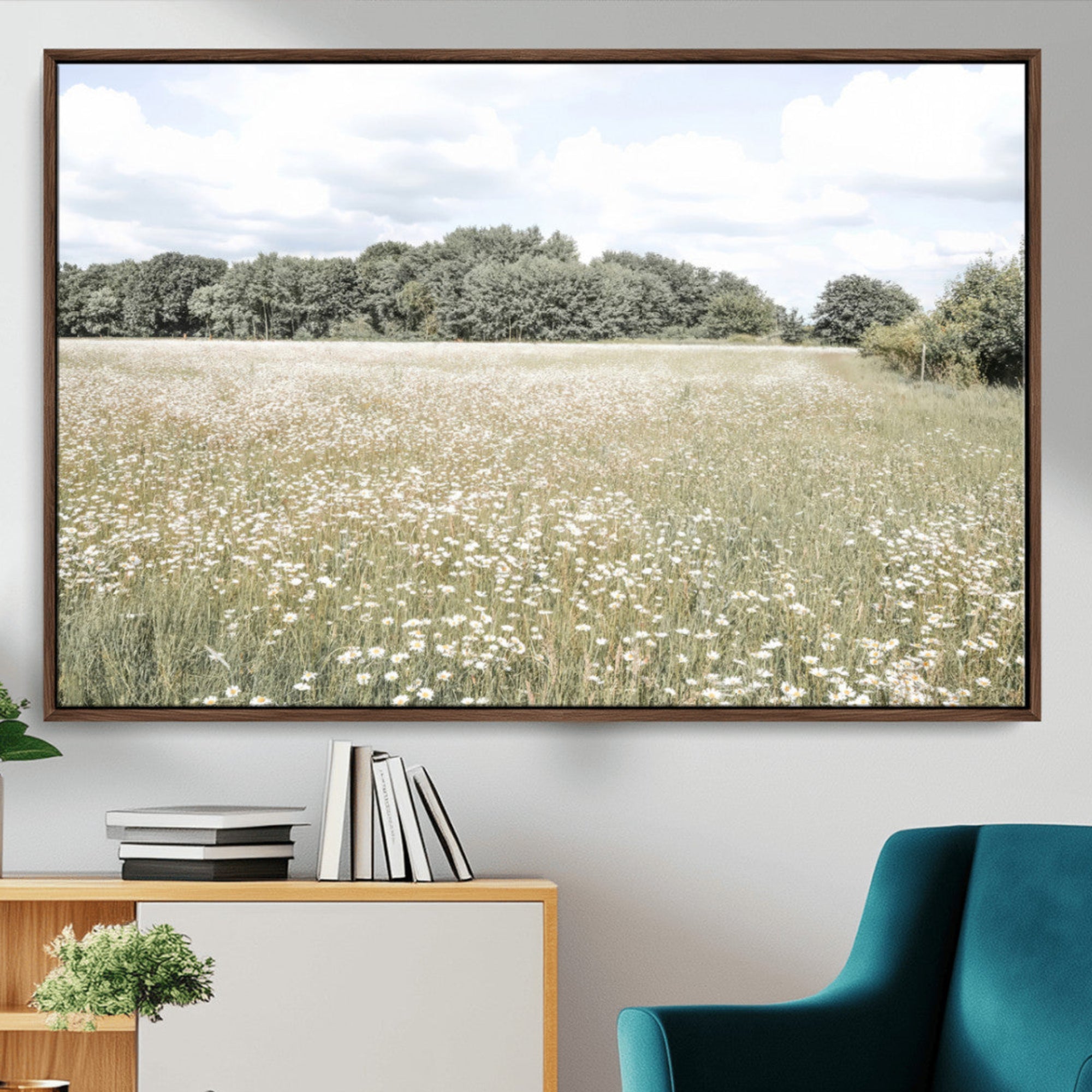 43258946-MGV-CV-36X24-Charming Daisy Field Wall Art Canvas Print – Framed Pastel Flower Meadow Bloom Scandinavian Minimal Artwork for Home Office