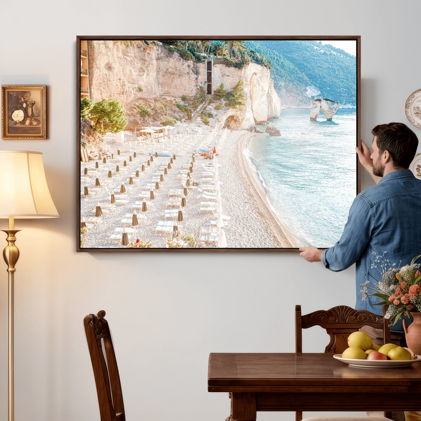 84816639-MGV-CV-36X24 - Sunny Beach Wall Art – Chairs & Umbrellas Canvas Print, Clear Water, Rocky Cliffs, Coastal Calm for Living Room or Vacation Home Decor