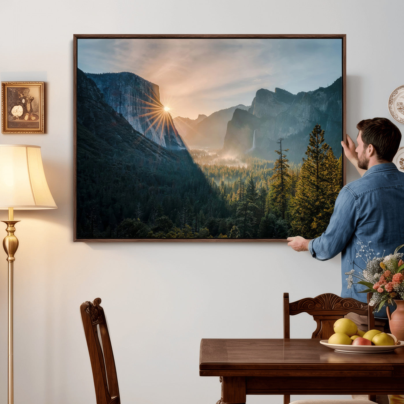 51605481-MGV-CV-36X24 - Yosemite Valley Wall Art – Misty Forest Peaks Canvas Print, Radiant Light, Tranquil Nature Landscape for Living Room or Cabin Decor