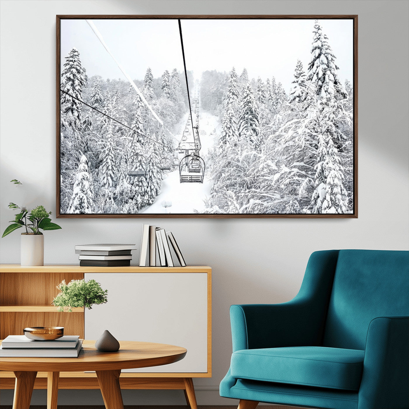 44705668-MGV-CV-36X24-Snowy Ski Lift Wall Art – Framed Winter Mountain Canvas Artwork, Serene Forest Design, Modern Nature Decor for Home, Office