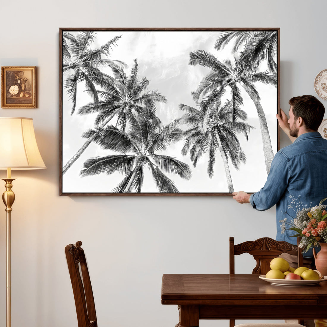 Black and White Palm Wall Art Canvas Print | Framed Monochrome Tropical Beach