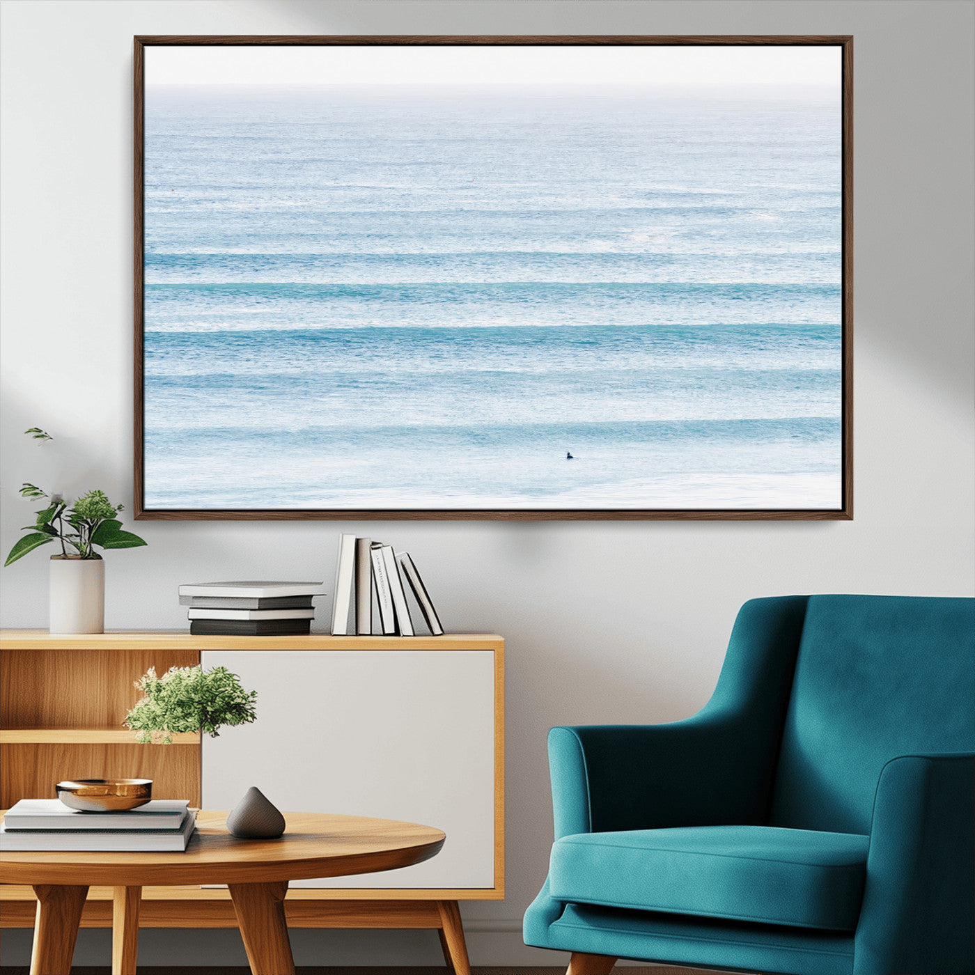 MGV-FC-36X24 - Ocean Simplicity Wall Art Canvas Print, Framed Surfer on Water Art Picture Print, Light Blue Perfect Coastal Minimalist Decor Artwork