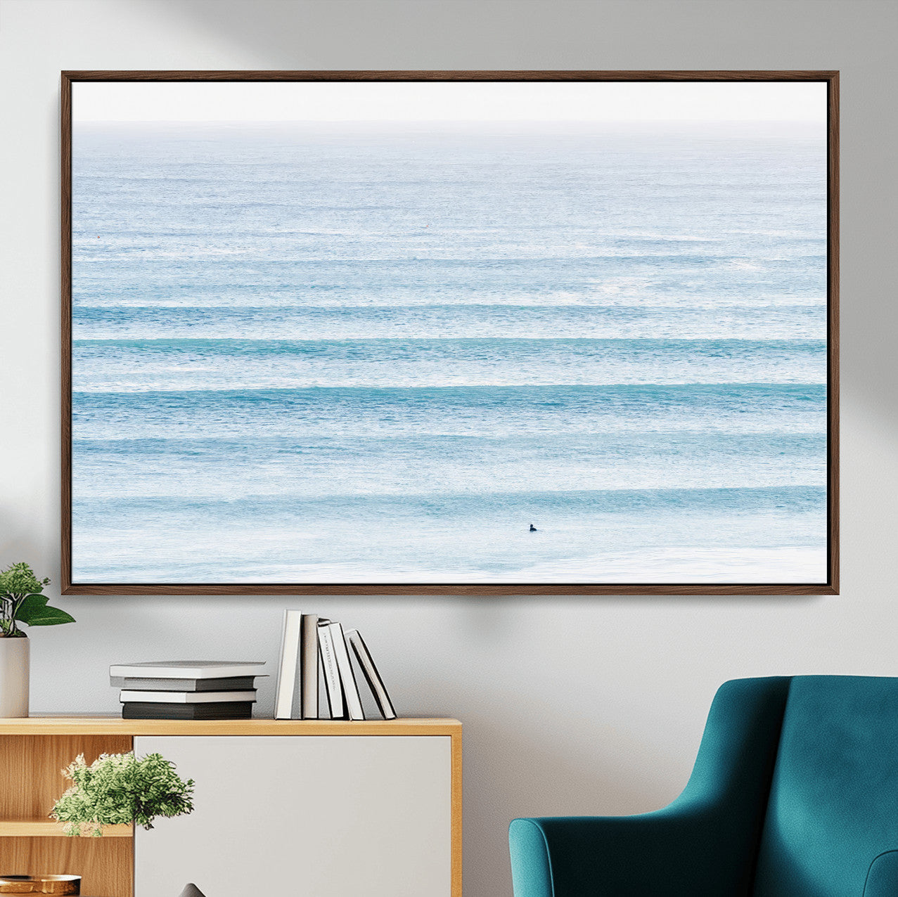 77145995-MGV-CV-36X24-Ocean Wave Surfer Wall Art – Framed Minimal Seascape Canvas Artwork, Calm Blue Water Design, Coastal Decor for Home, Office