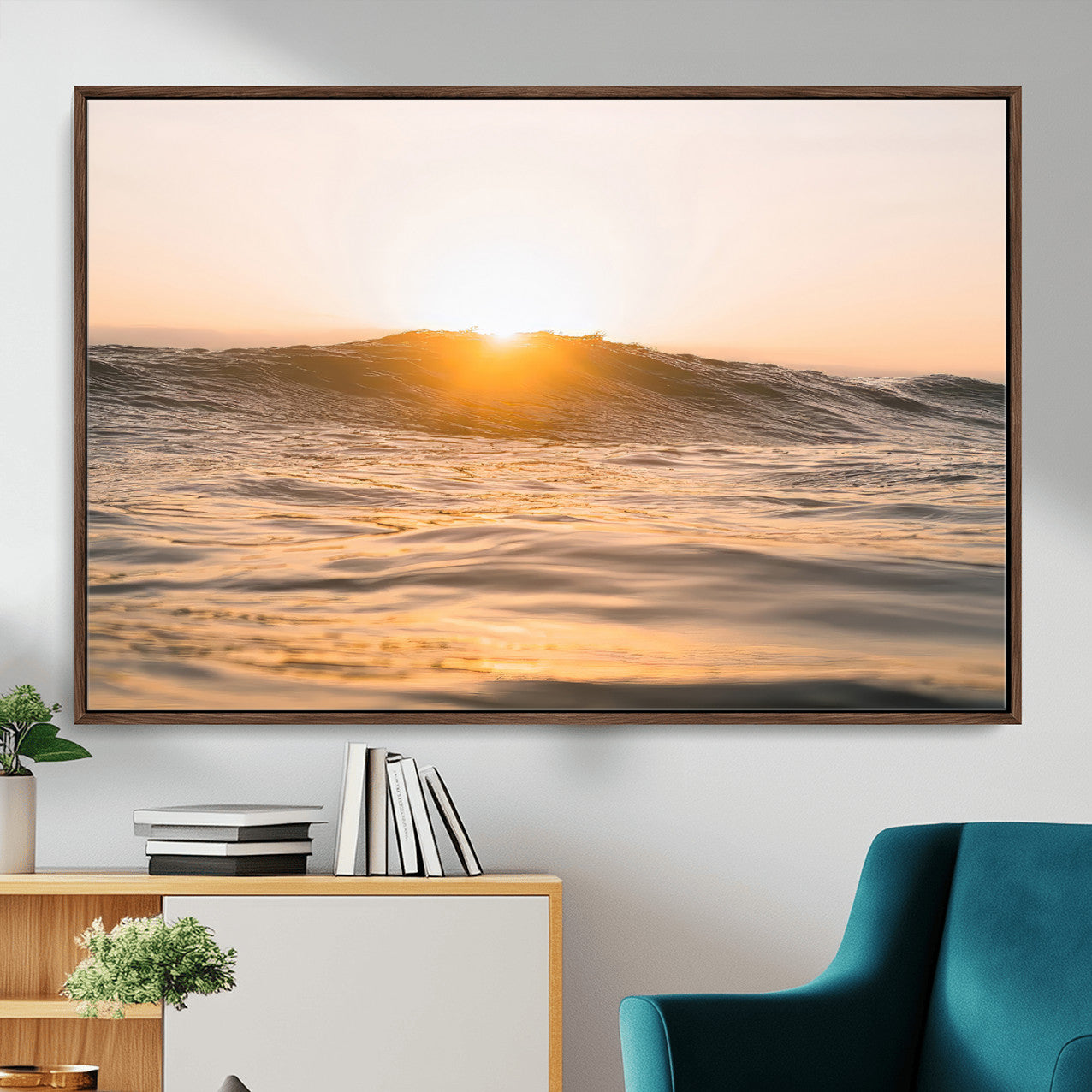 16973771-MGV-CV-36X24-Calm Water Wall Art – Framed Sunset Waves Canvas Artwork, Coastal Warm Design, Minimal Ocean Decor for Home, Office