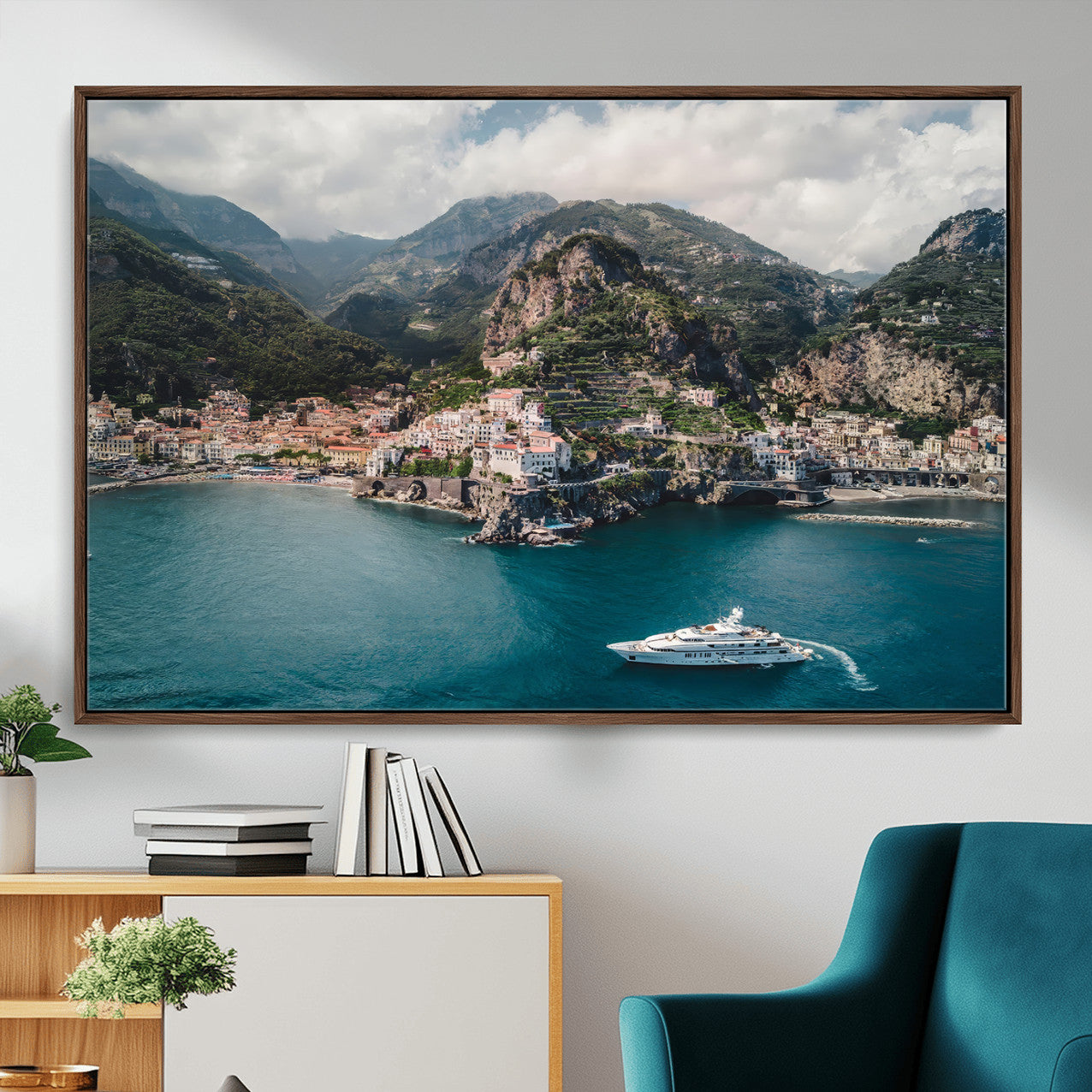 20321590-MGV-CV-36X24-Amalfi Coast Wall Art – Framed Italian Seaside Canvas Artwork, Mediterranean Landscape Design, Coastal Decor for Home, Office