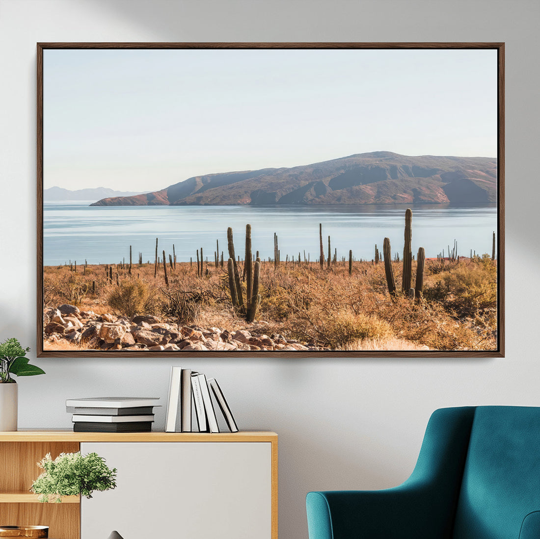 Desert Lake Wall Art | Framed Cactus Mountain Canvas