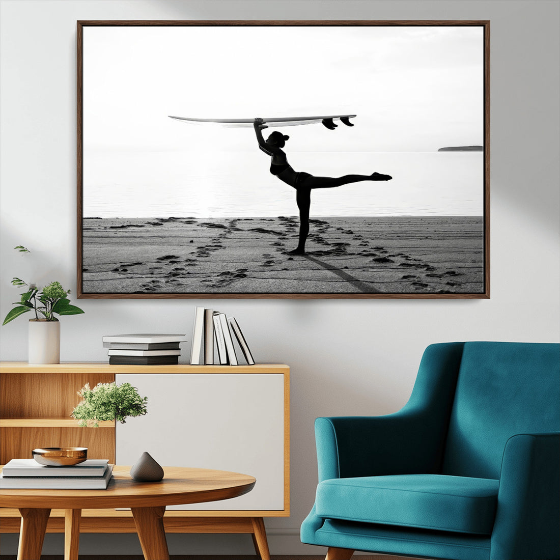 Yoga Surf Wall Art Canvas Print, Framed Black White Shore and Peaceful Ocean