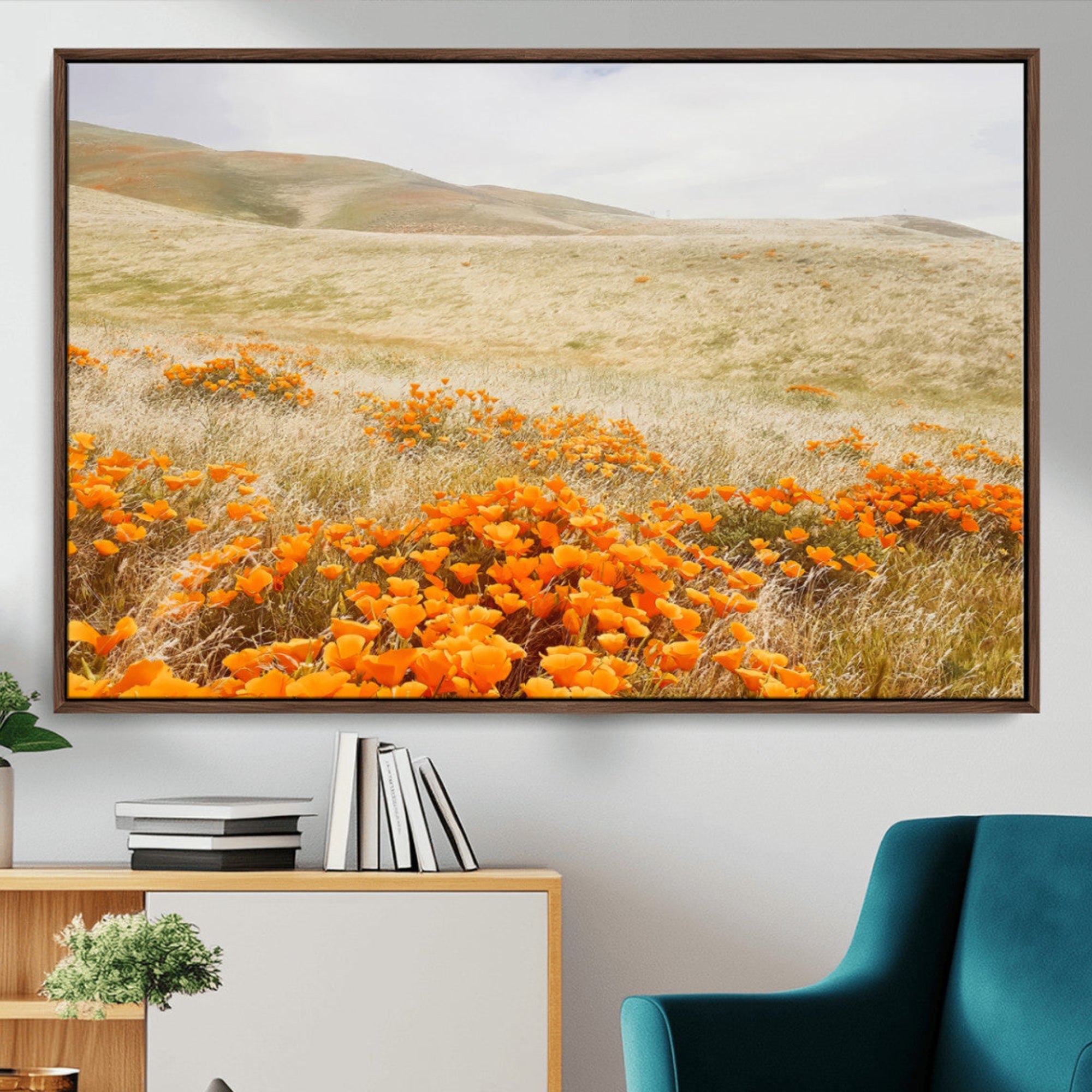 28972262-MGV-CV-36X24-Golden Wildflowers Wall Art Canvas Print – Framed Hills Bloom Scene with Poppy Meadow Artwork for Home, Office