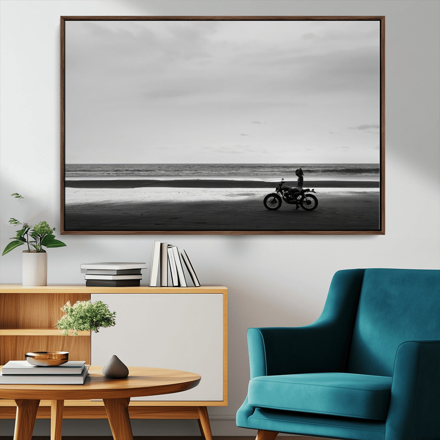 84739358-MGV-CV-36X24-Motorcycle Beach Wall Art Canvas Print – Framed Vintage Motorcycle Scene with Biker Silhouette Artwork for Home, Office