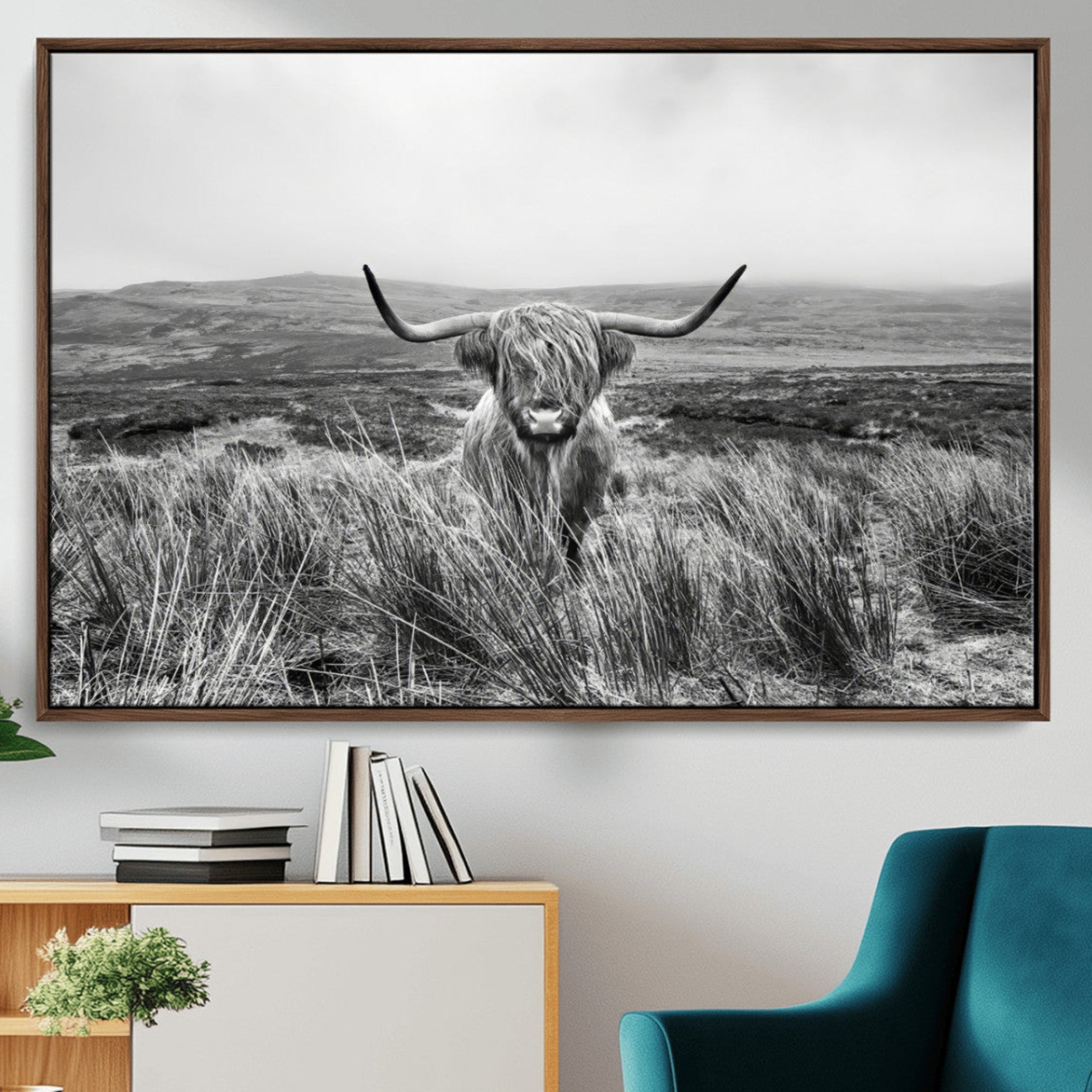-Monochrome Highland Cow Wall Art Canvas Print – Framed Scottish Bull Lone Cattle Rustic Farmhouse Artwork for Home, Office
