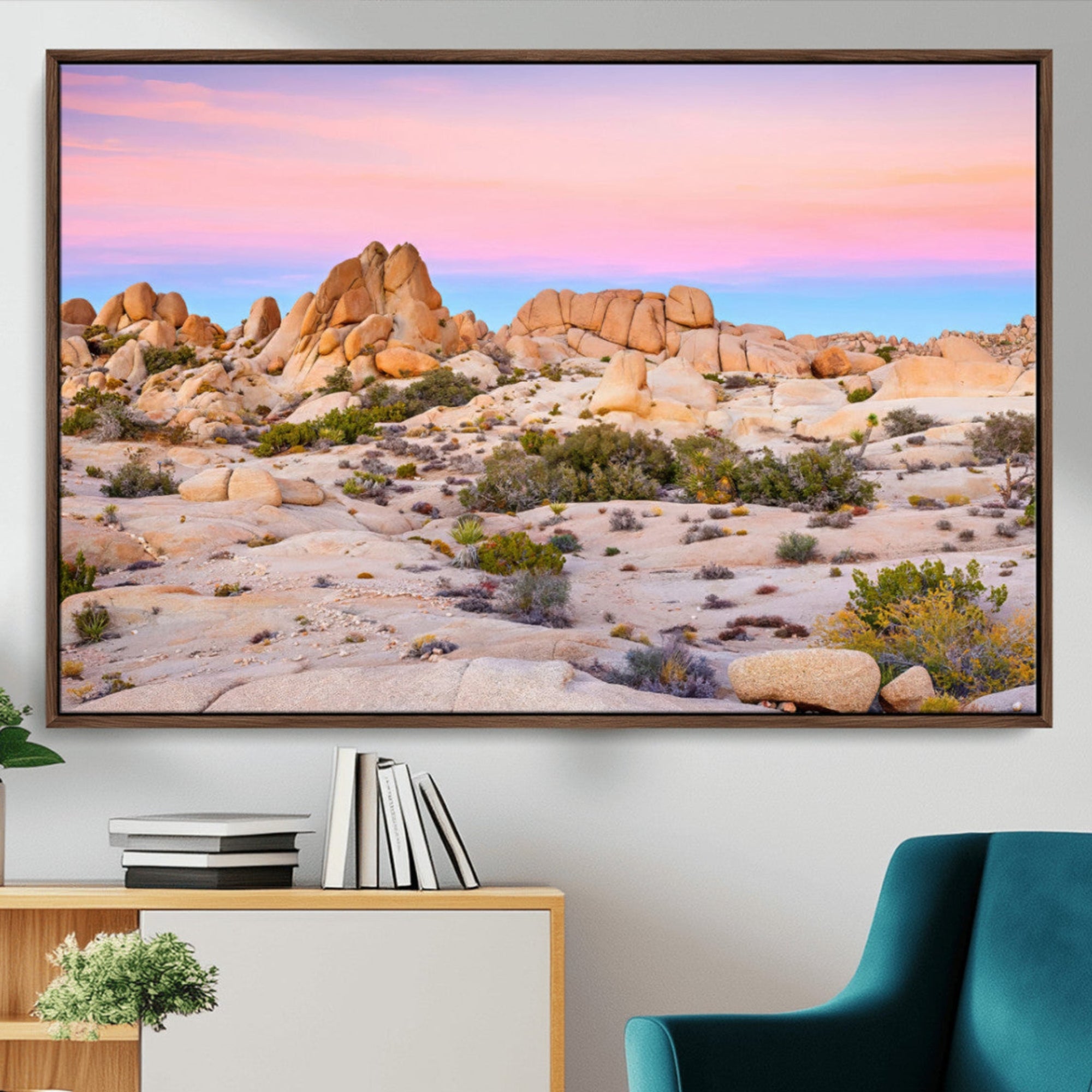 -Vibrant Sunset Sky Wall Art Canvas Print – Framed Joshua Tree Rugged Terrain Southwestern Boho Artwork for Home, Office