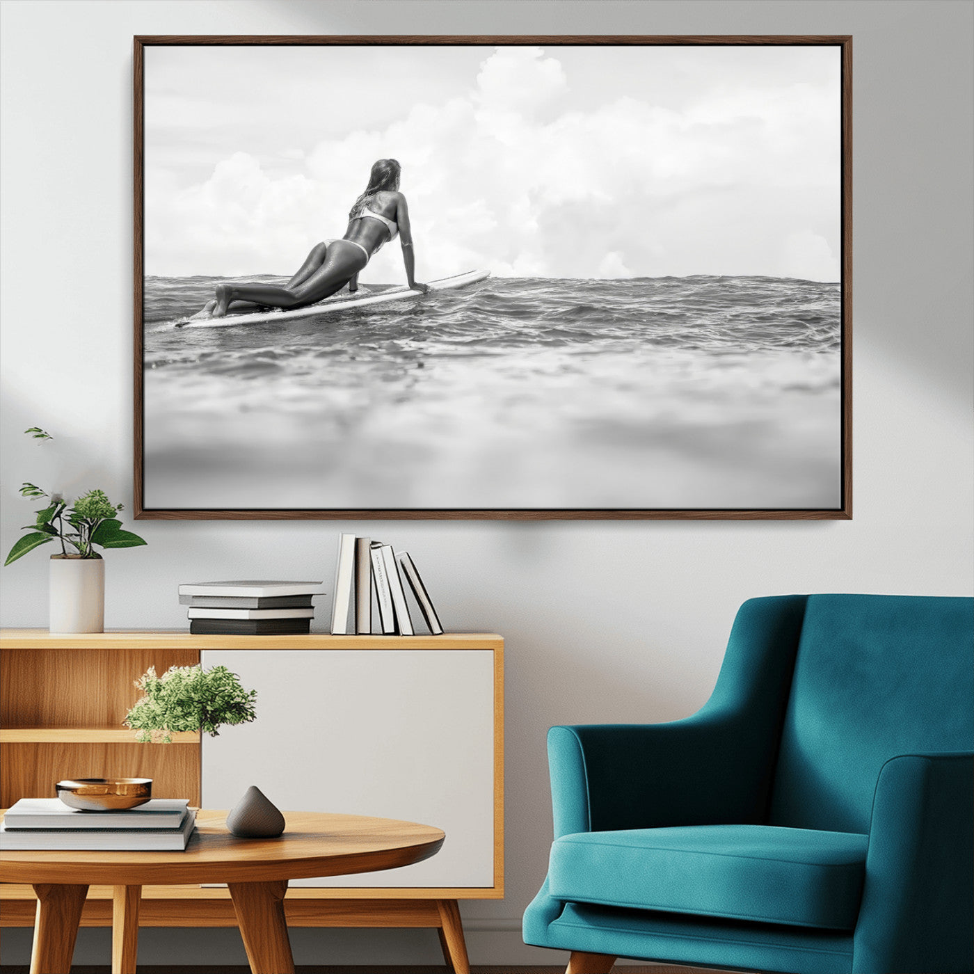 69798068-MGV-CV-36X24-Black and White Surfing Wall Art Canvas Print – Framed Ocean Horizon with Surfer Girl Coastal Adventure Artwork for Home, Office