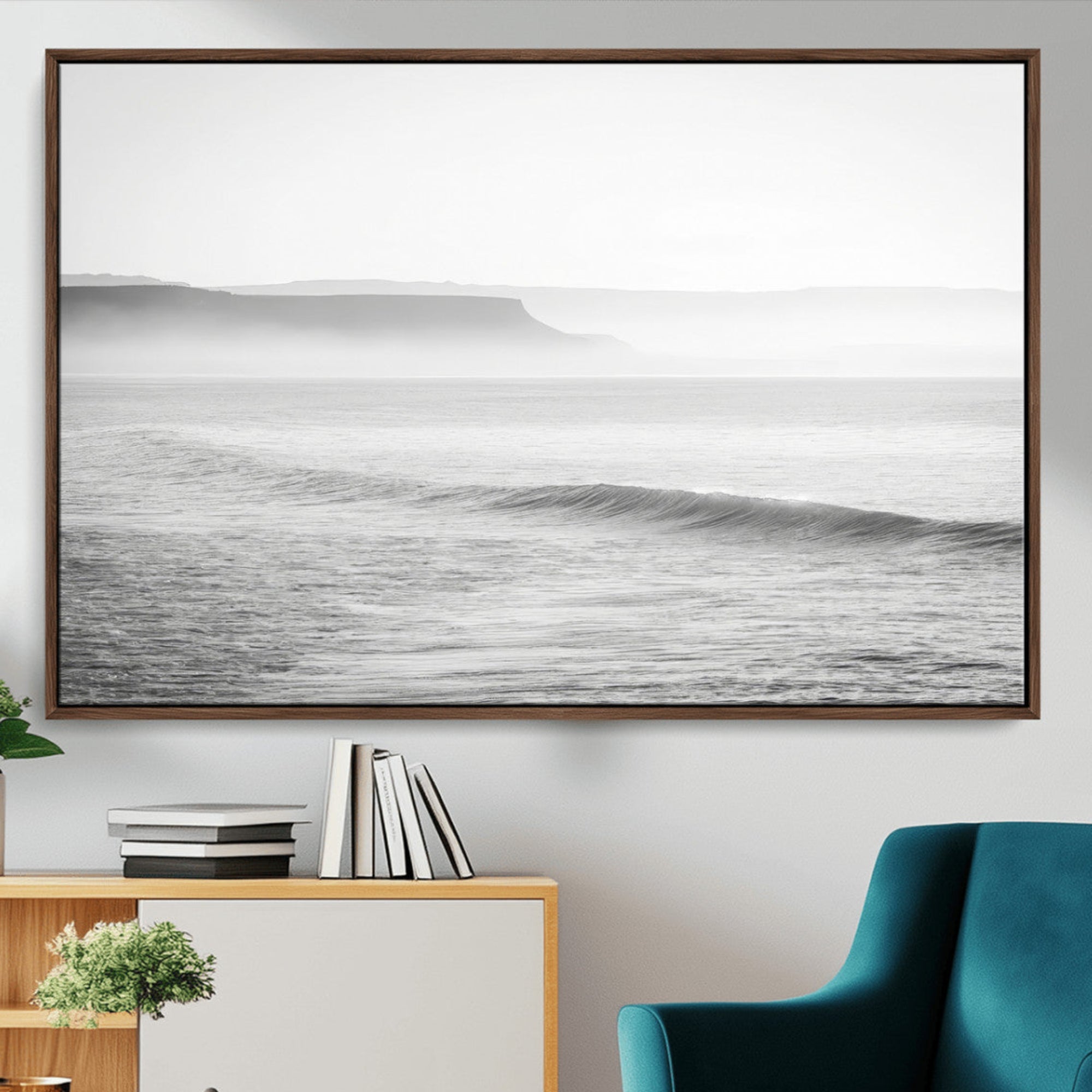 -Black and White Seascape Wall Art Canvas Print – Framed Misty Ocean Waves Minimalist Coastal Artwork for Home, Office