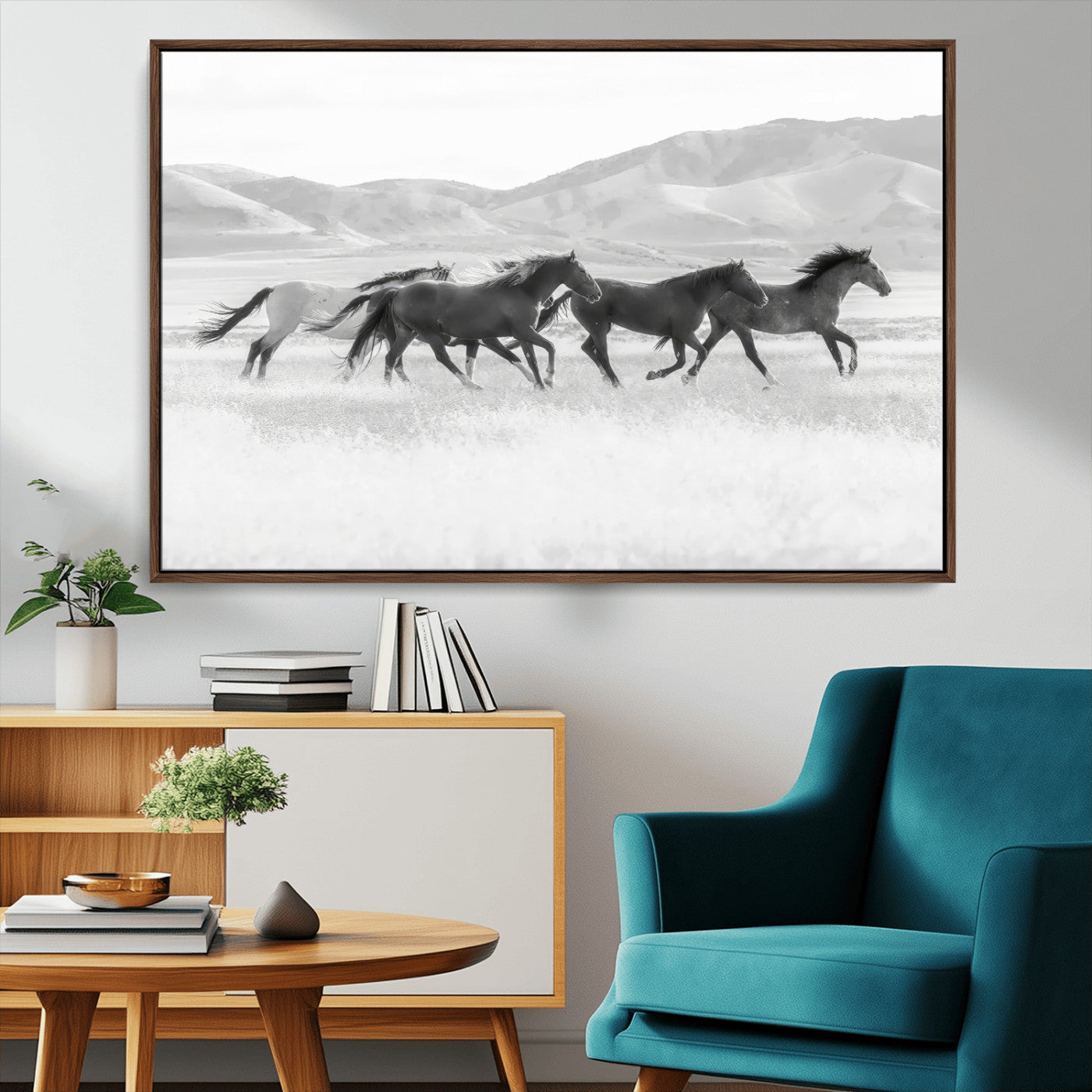 MGV-FC-36X24 - Wild Horses Wall Art – Black & White Canvas Print of Herd Running, Nature in Motion, Freedom & Beauty Decor for Guest Room, Office or Living Room