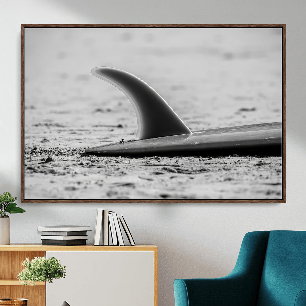 MGV-FC-36X24 - Black White Surfboard Wall Art Canvas Print, Framed Minimalist Beach Art Picture Print, Surf Fin Perfect Minimalist Coastal Decor Artwork