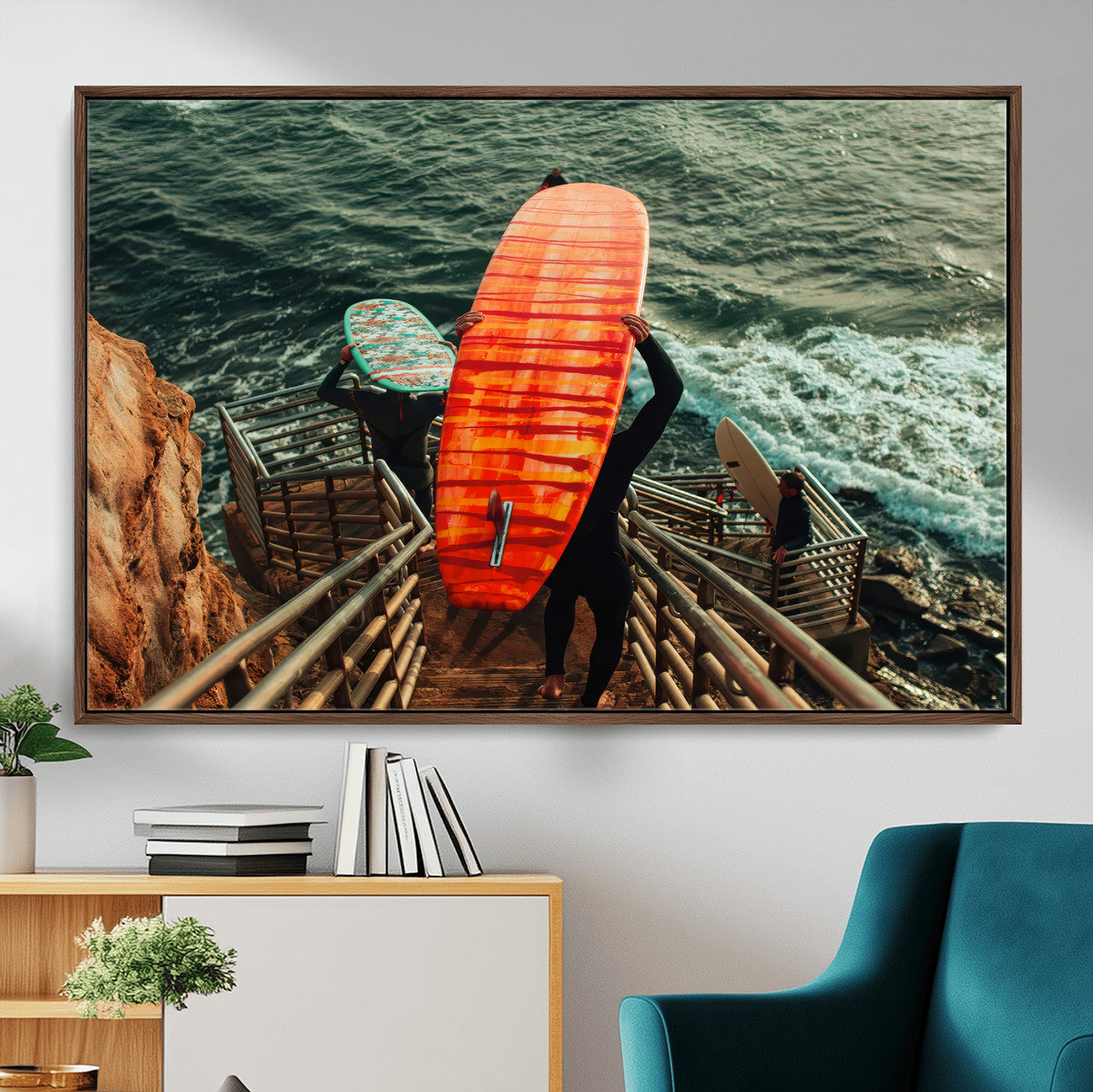 MGV-FC-36X24 - Surfer Stairway Wall Art Canvas Print, Framed Ocean Surf Art Picture Print, Sunset Coastal Perfect Coastal Adventure Decor Artwork
