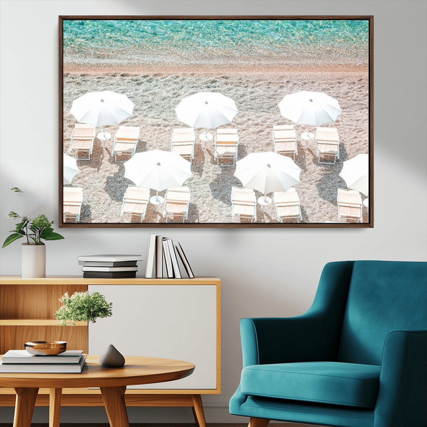 MGV-FC-36X24 - Calm Beach Wall Art Canvas Print, Framed Turquoise Water Art Picture Print, Umbrella Shoreline Perfect Coastal Minimalist Decor Artwork
