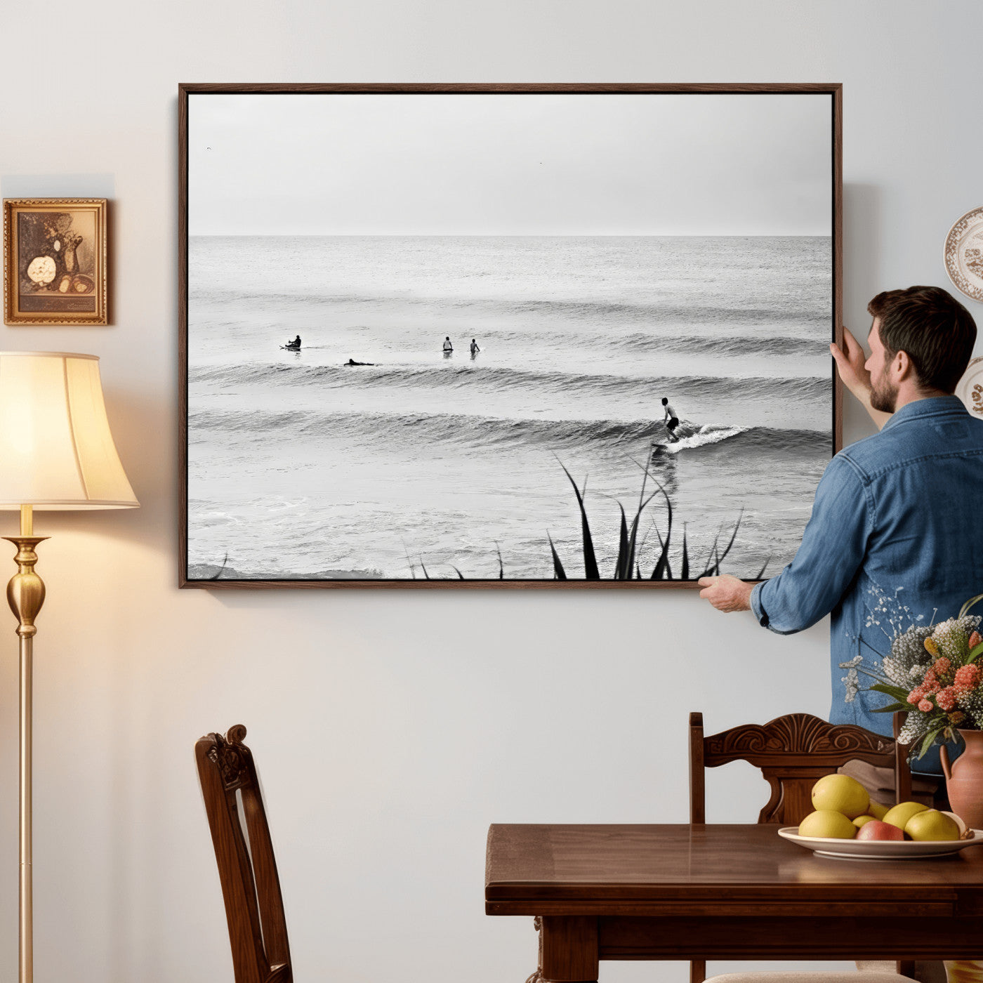 33821421-MGV-CV-36X24 - Surfer Silhouette Wall Art Canvas Print, Framed Calm Ocean Art Picture Print, Monochrome Surf Minimalist Coastal Decor Artwor