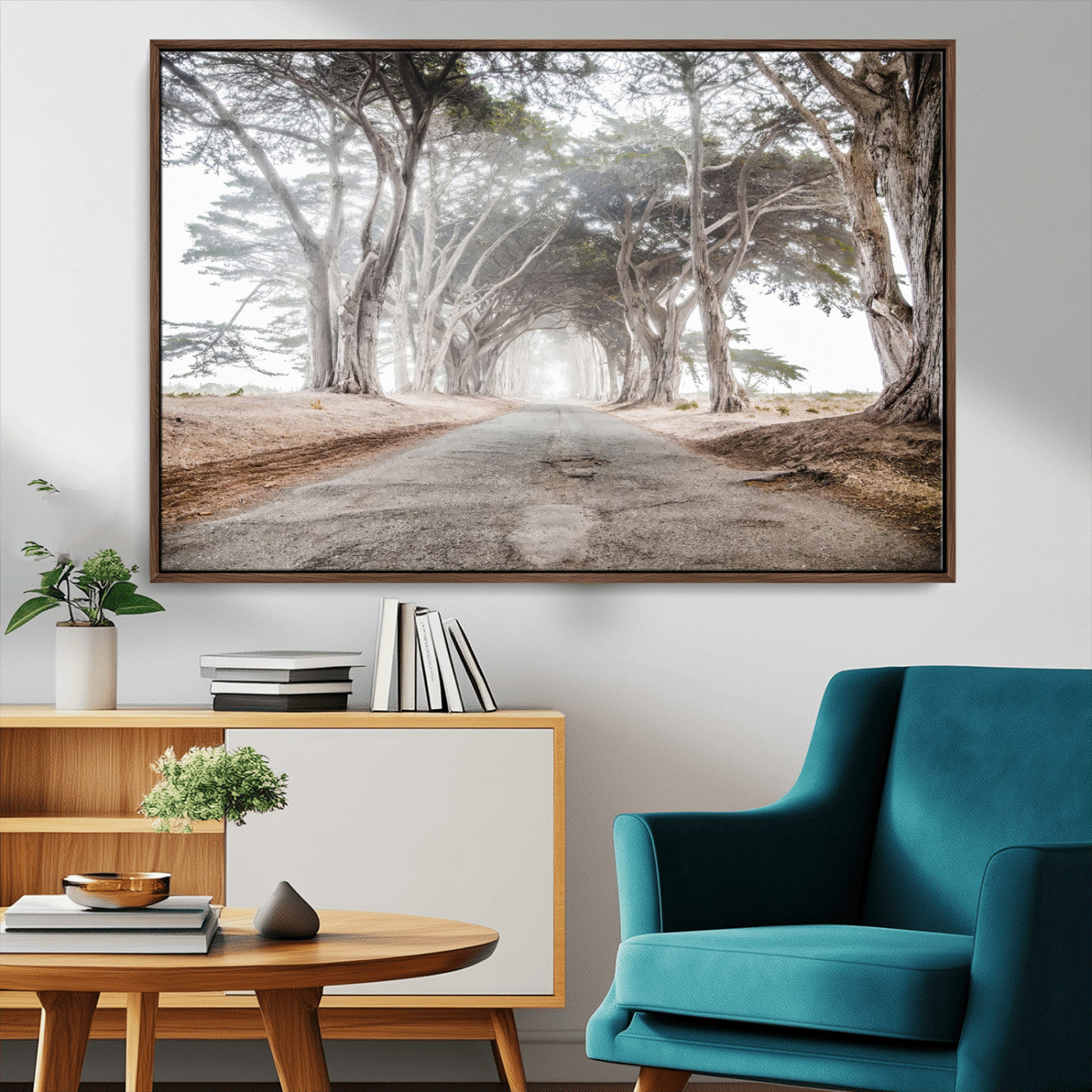87090469-MGV-CV-36X24-Cypress Tunnel Wall Art – Framed Misty Road Canvas Artwork, Foggy Trees Design, Rustic Woodland Nature Decor for Home, Office