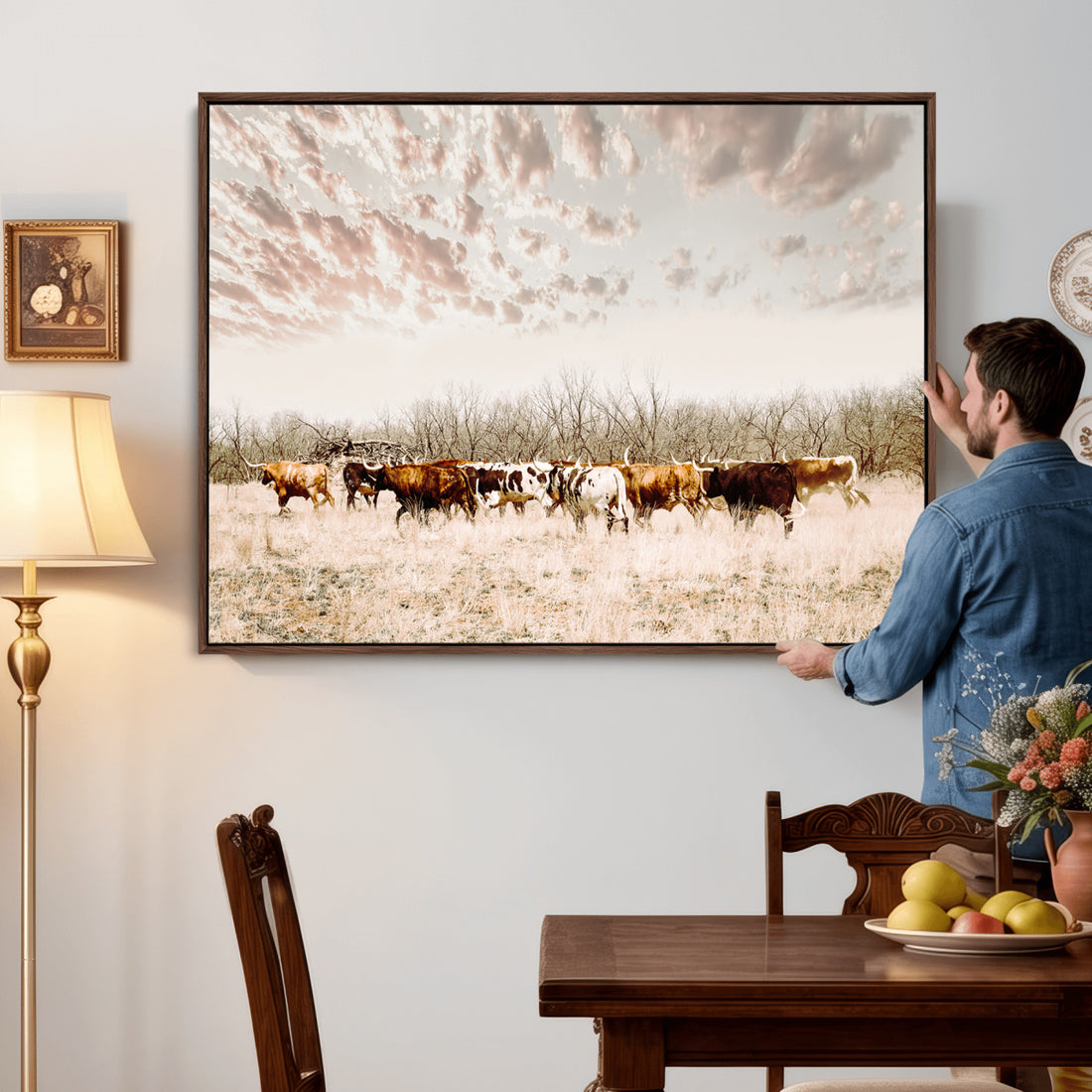 Longhorn Cattle Wall Art Canvas Print, Framed Texas Ranch Art, Western Cow Print, Prairie Landscape Decor