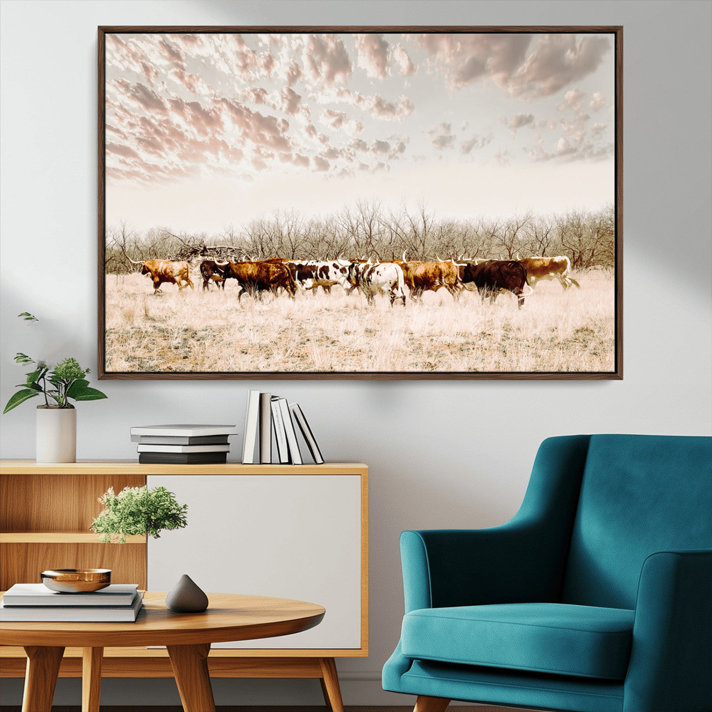 64892775-MGV-CV-36X24 - Longhorn Cattle Wall Art Canvas Print, Framed Texas Ranch Art Picture Print, Western Cow Perfect Western Decor Artwork