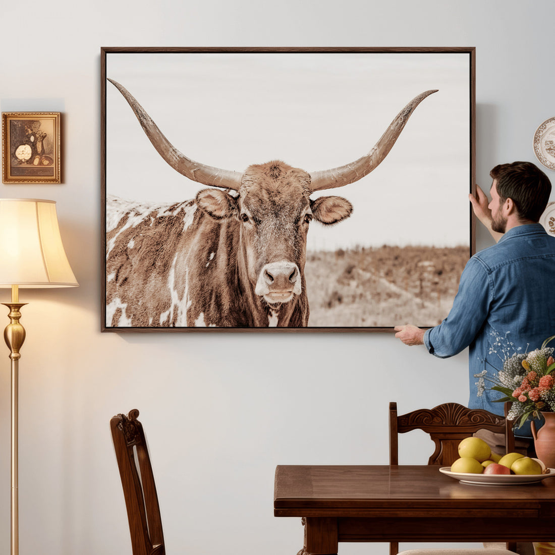 Longhorn Cow Wall Art Canvas Print, Framed Texas Ranch Print, Western Bull Art, Cowboy Decor
