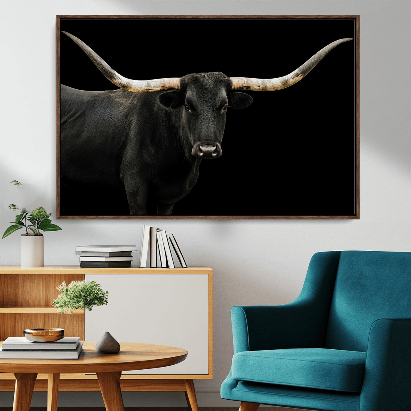 99448328-MGV-CV-36X24-Longhorn Cattle Wall Art Canvas Print – Framed Texas Ranch Scene with Western Cow Artwork for Home, Office, Living Room